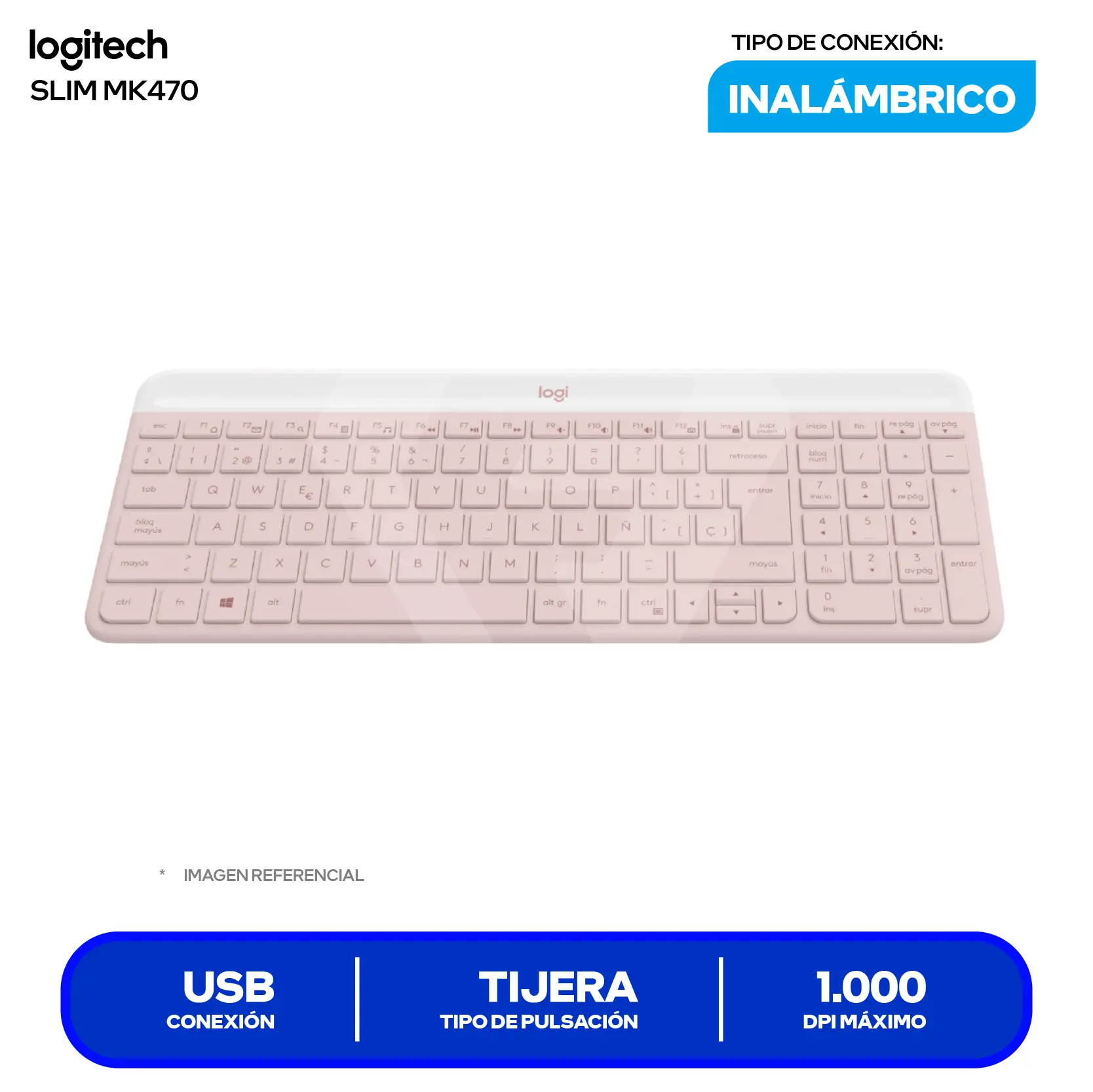 Kit Teclado + Mouse Inalámbrico Logitech Slim MK470 Rosa (920-011312) USB