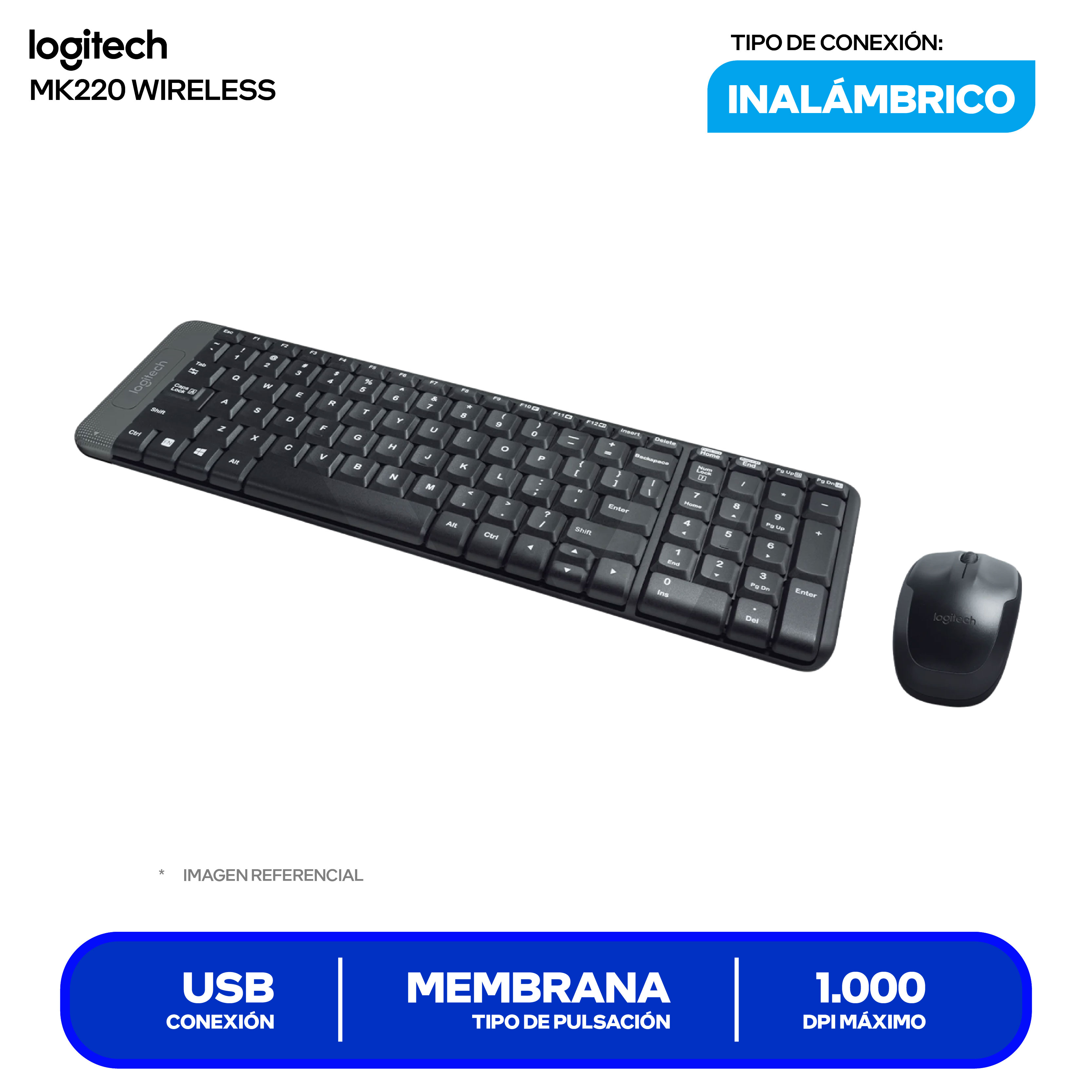 Kit Teclado + Mouse Inalámbrico Logitech MK220 (920-004430) USB