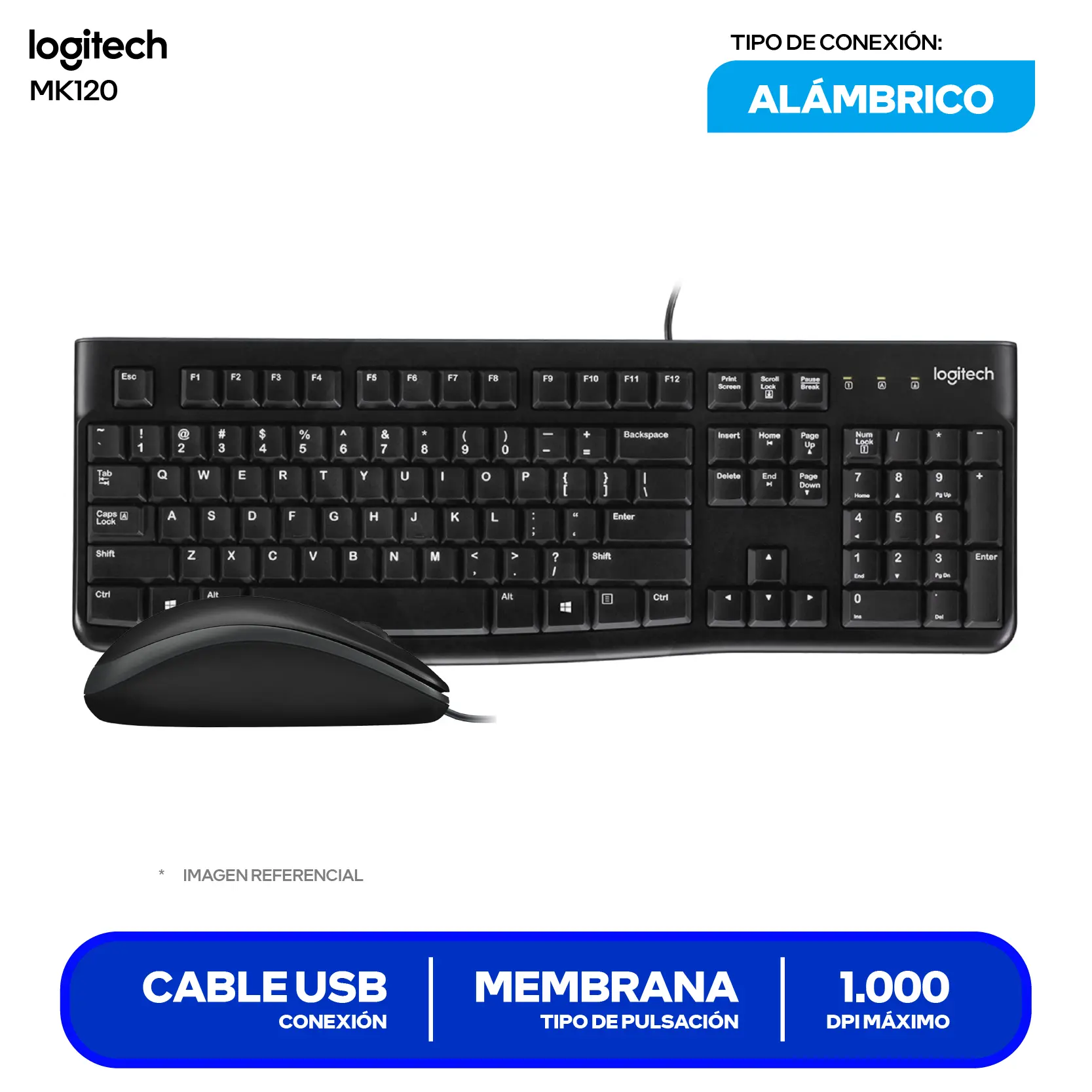 Kit Teclado + Mouse Logitech MK120 (920-004428) Cable USB