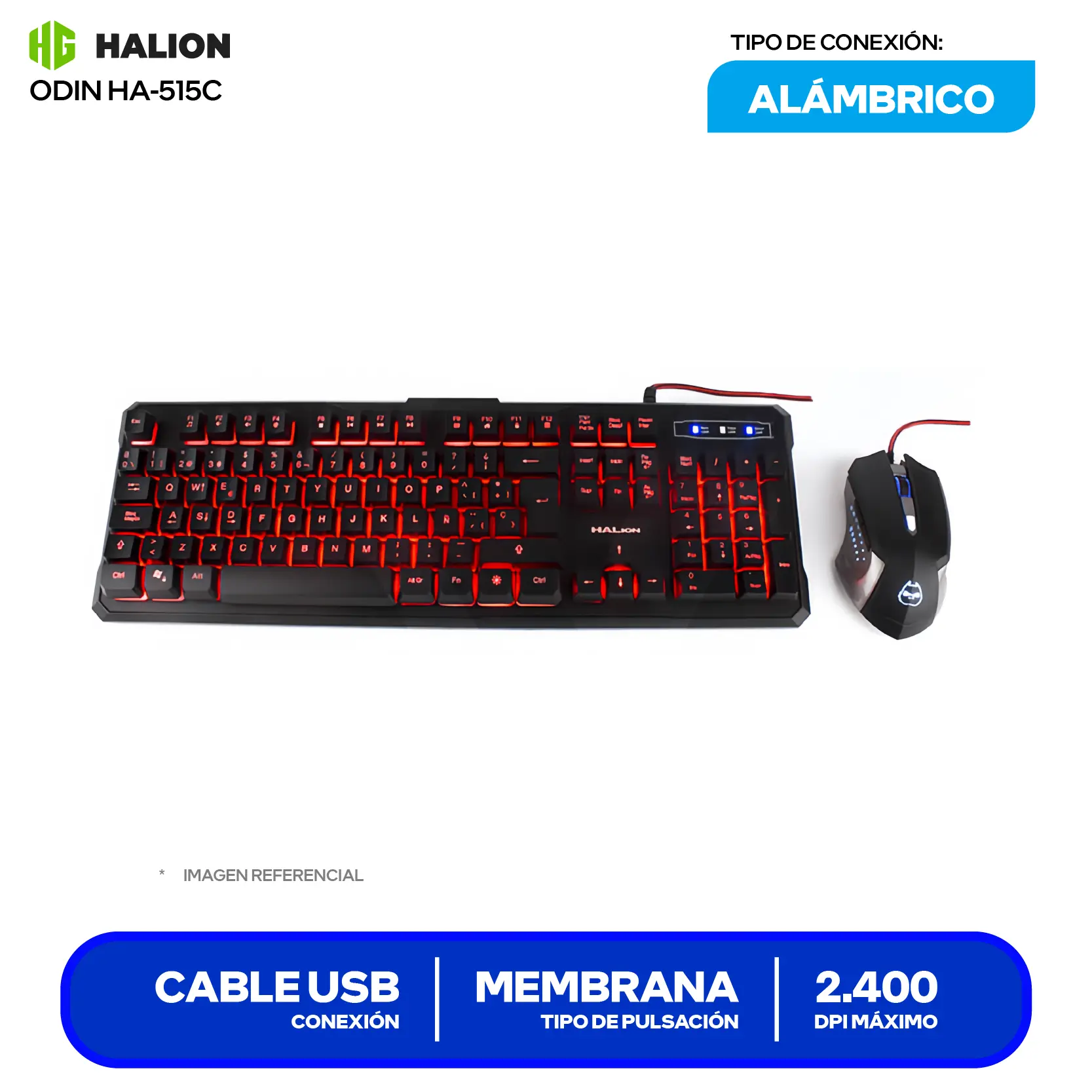 Kit Teclado + Mouse Gamer Halion Gaming Odin (HA-515C) Cable USB, Retroiluminación LED