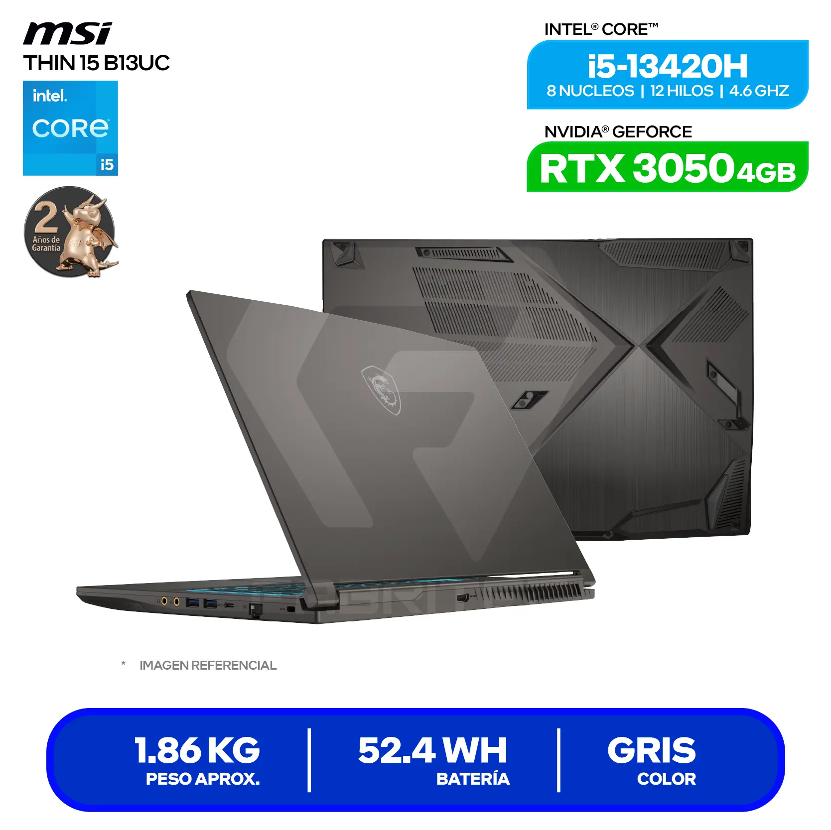 Laptop MSI Thin 15 B13UC-3037XPE (9S7-16R831-3037) Intel Core i5-13420H, GeForce RTX 3050 4GB, RAM 16GB, SSD 512GB, 15.6'' FHD, FreeDos