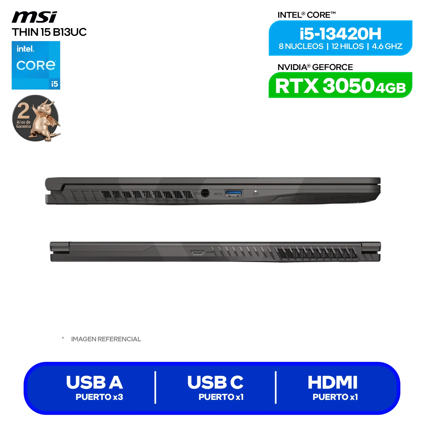Laptop MSI Thin 15 B13UC-3037XPE (9S7-16R831-3037) Intel Core i5-13420H, GeForce RTX 3050 4GB, RAM 16GB, SSD 512GB, 15.6'' FHD, FreeDos