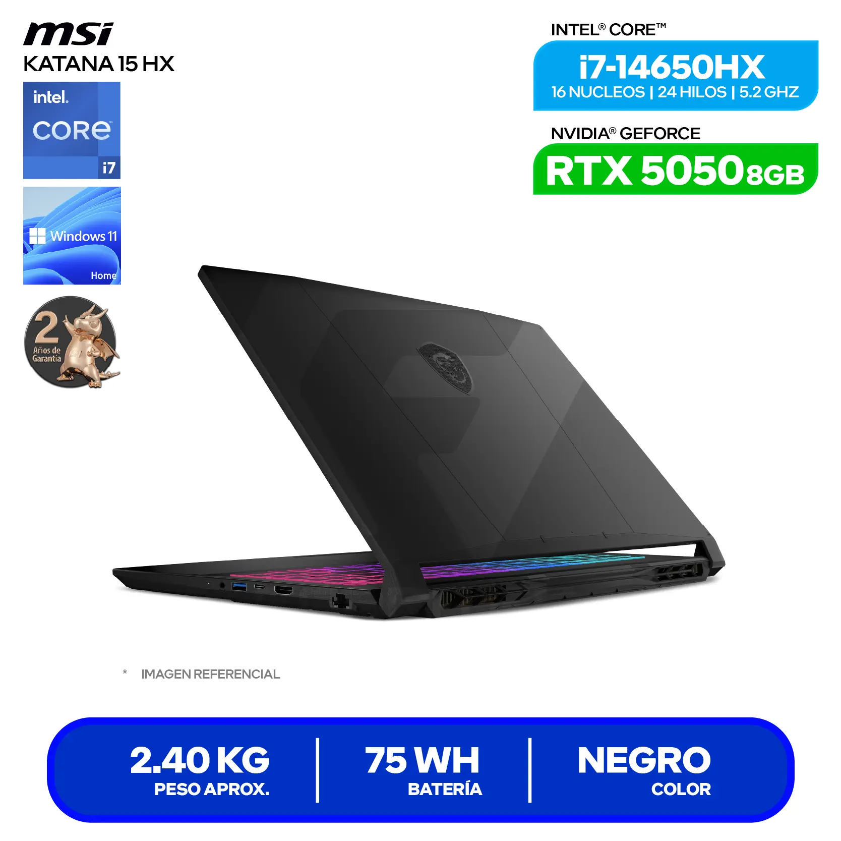 Laptop MSI Katana 15 HX B14WEK(9S7-1587C1-412) Intel Core i7-14650HX, GeForce RTX 5050 8GB, RAM 16GB, SSD 512GB, 15.6'' QHD, Windows 11 Home