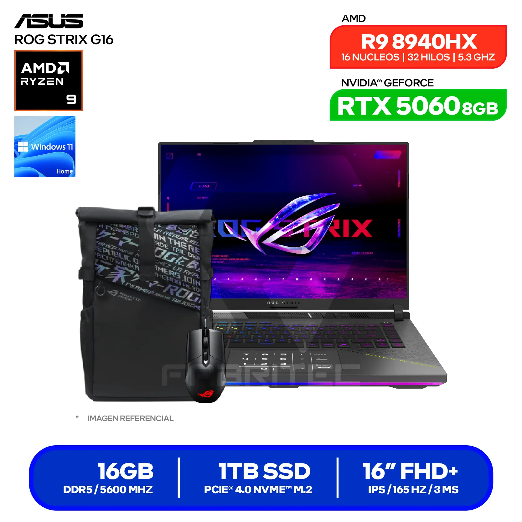Laptop Asus Rog Strix G16 G614PM-RV127W (90NR0KW8-M006W0) AMD Ryzen 9 8940HX, GeForce RTX 5060 8GB, RAM 16GB, SSD 1TB, 16'' WUXGA, Windows 11 Home