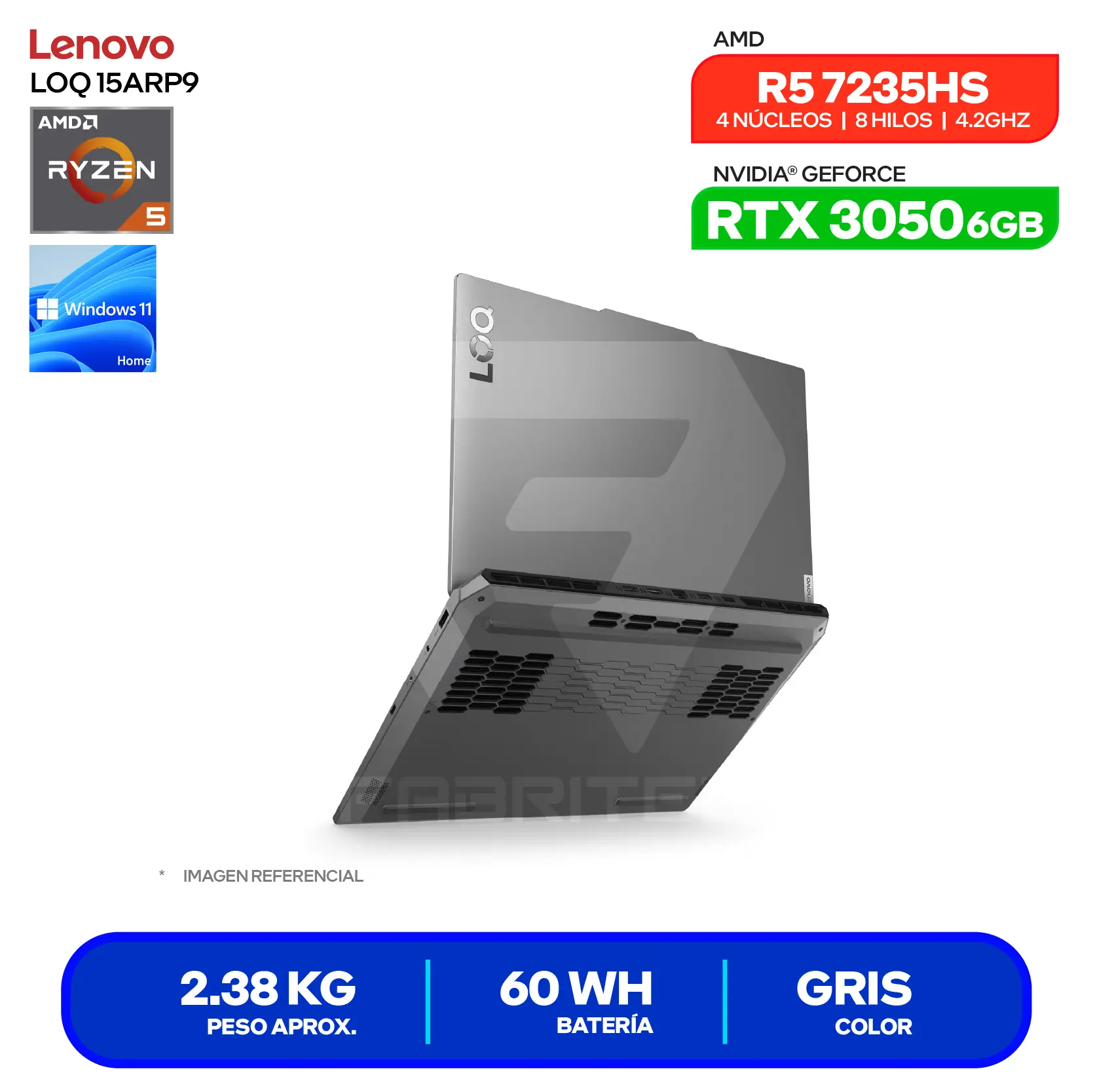 Laptop Lenovo LOQ 15ARP9  (83JC00MKLM) AMD Ryzen 5 7235HS, GeForce RTX 3050 6GB, RAM 8GB, SSD 512GB, 15.6'' FHD, Windows 11 Home