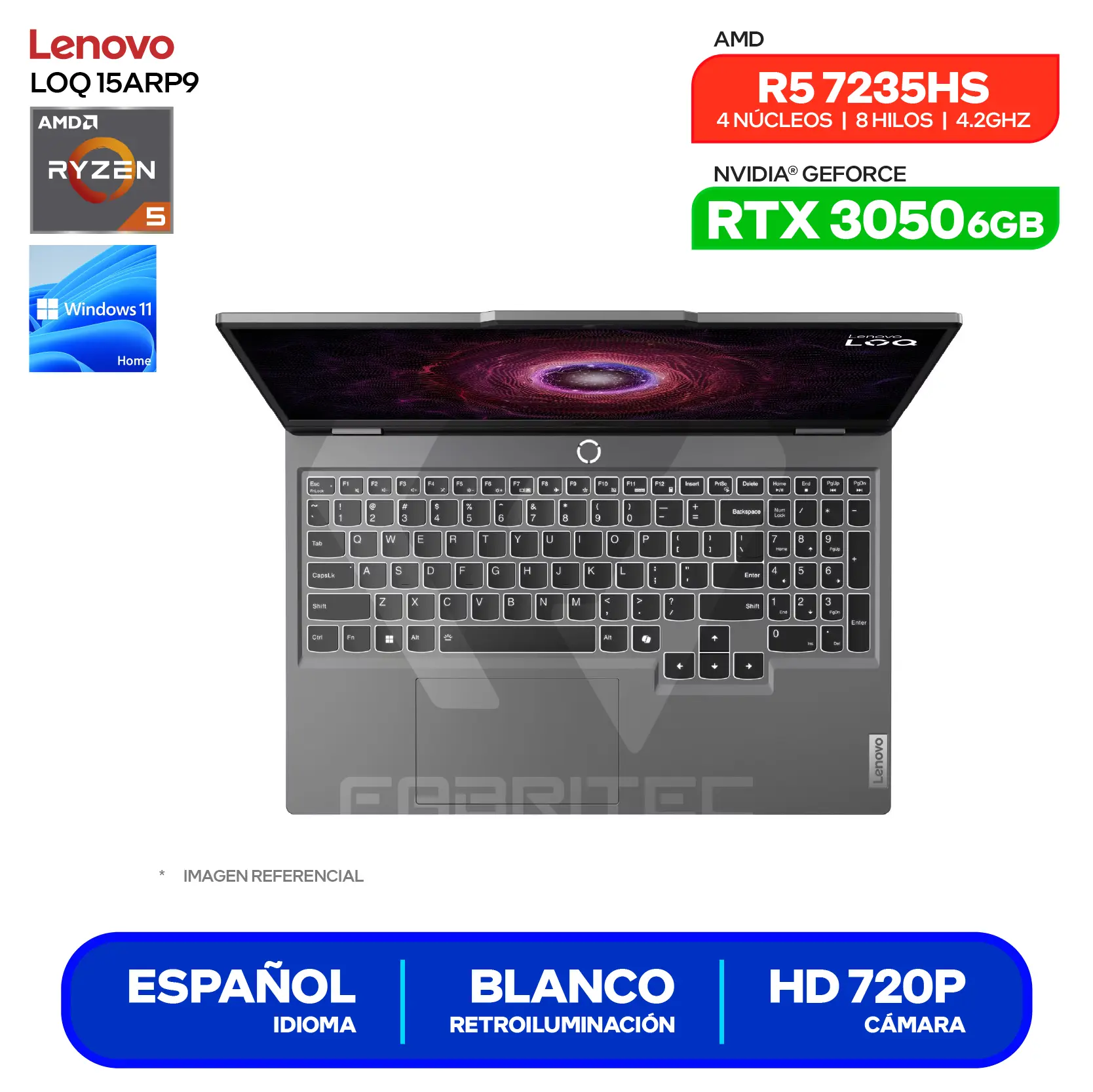 Laptop Lenovo LOQ 15ARP9  (83JC00MKLM) AMD Ryzen 5 7235HS, GeForce RTX 3050 6GB, RAM 8GB, SSD 512GB, 15.6'' FHD, Windows 11 Home