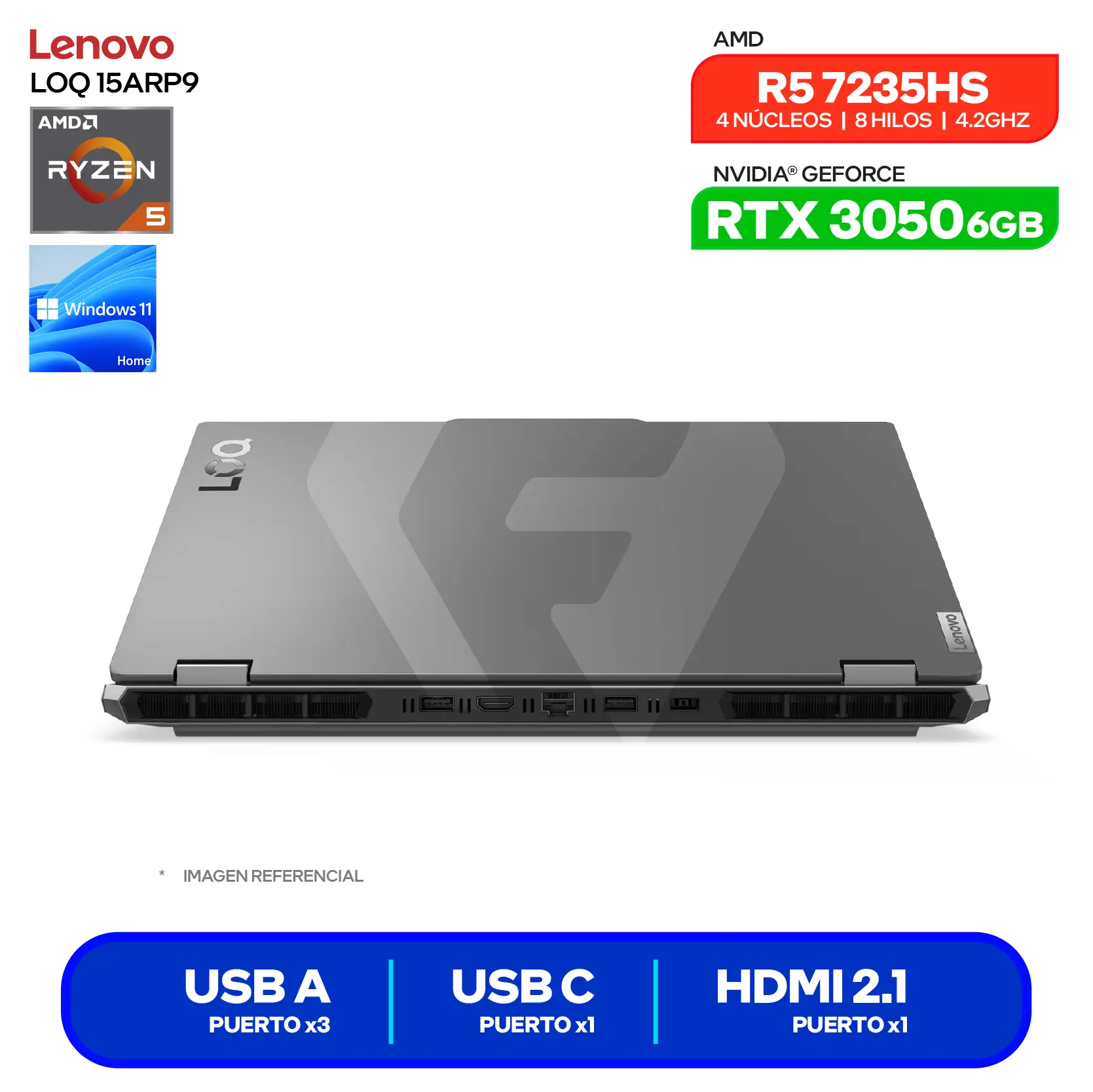 Laptop Lenovo LOQ 15ARP9  (83JC00MKLM) AMD Ryzen 5 7235HS, GeForce RTX 3050 6GB, RAM 8GB, SSD 512GB, 15.6'' FHD, Windows 11 Home