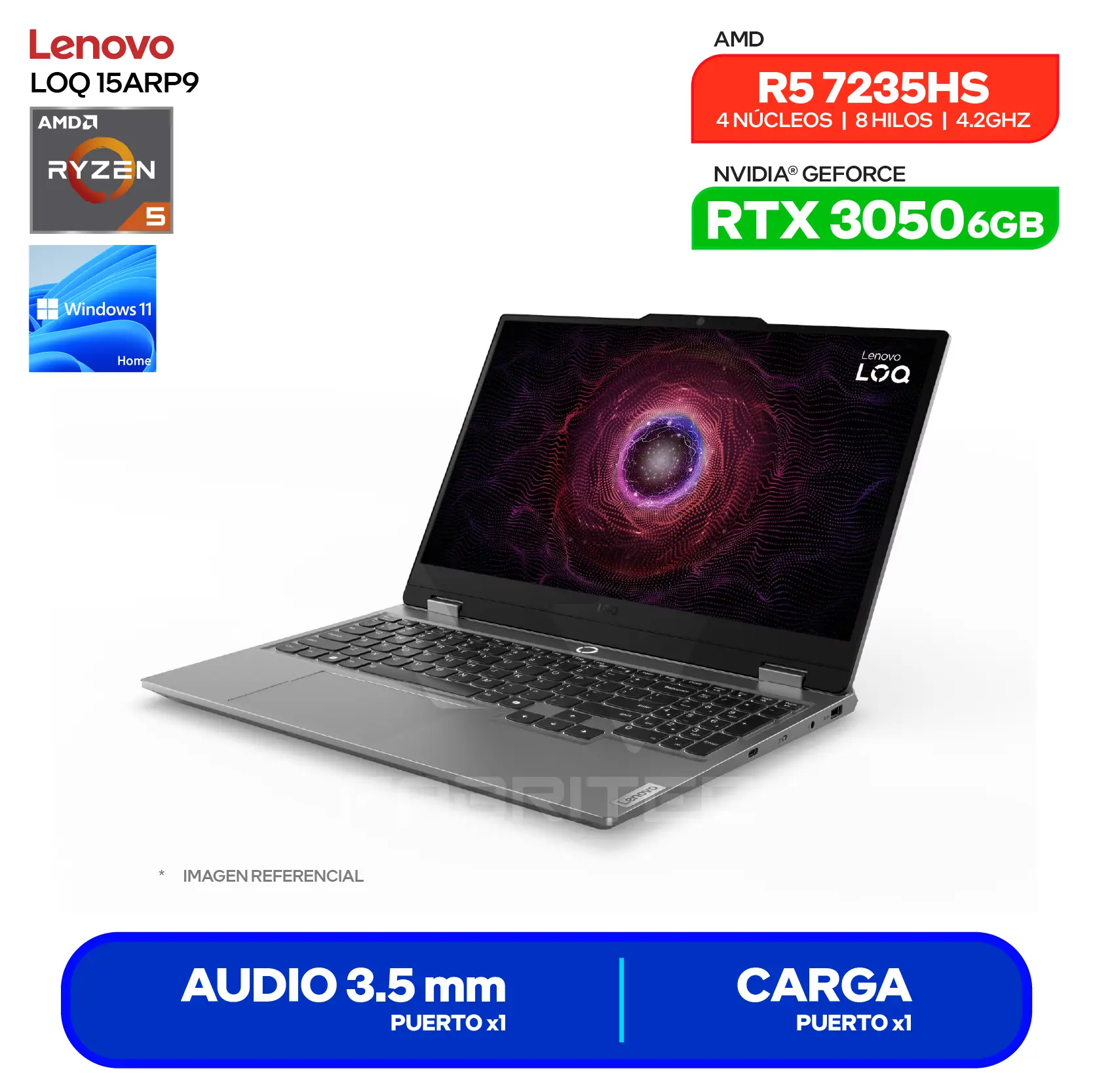 Laptop Lenovo LOQ 15ARP9  (83JC00MKLM) AMD Ryzen 5 7235HS, GeForce RTX 3050 6GB, RAM 8GB, SSD 512GB, 15.6'' FHD, Windows 11 Home
