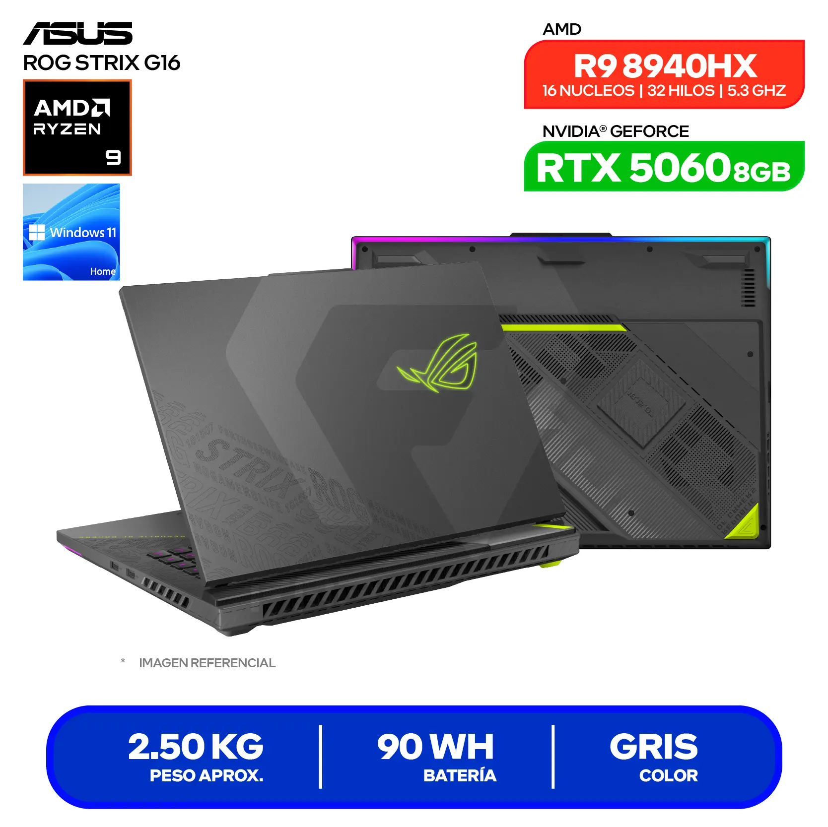 Laptop Asus Rog Strix G16 G614PM-RV221W (90NR0KW8-M00B80) AMD Ryzen 9 8940HX, GeForce RTX 5060 8GB, RAM 16GB, SSD 512GB, 16'' FHD, Windows 11 Home