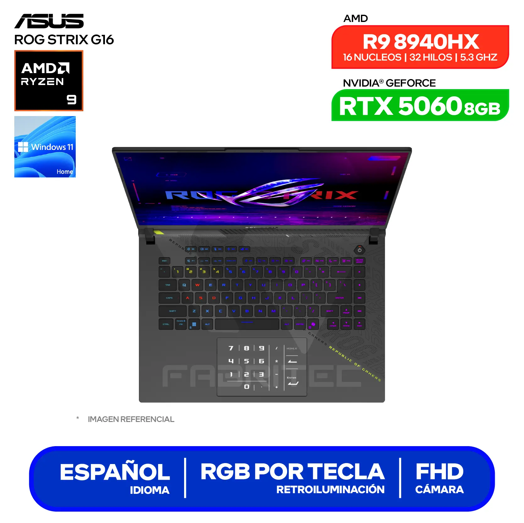 Laptop Asus Rog Strix G16 G614PM-RV221W (90NR0KW8-M00B80) AMD Ryzen 9 8940HX, GeForce RTX 5060 8GB, RAM 16GB, SSD 512GB, 16'' FHD, Windows 11 Home