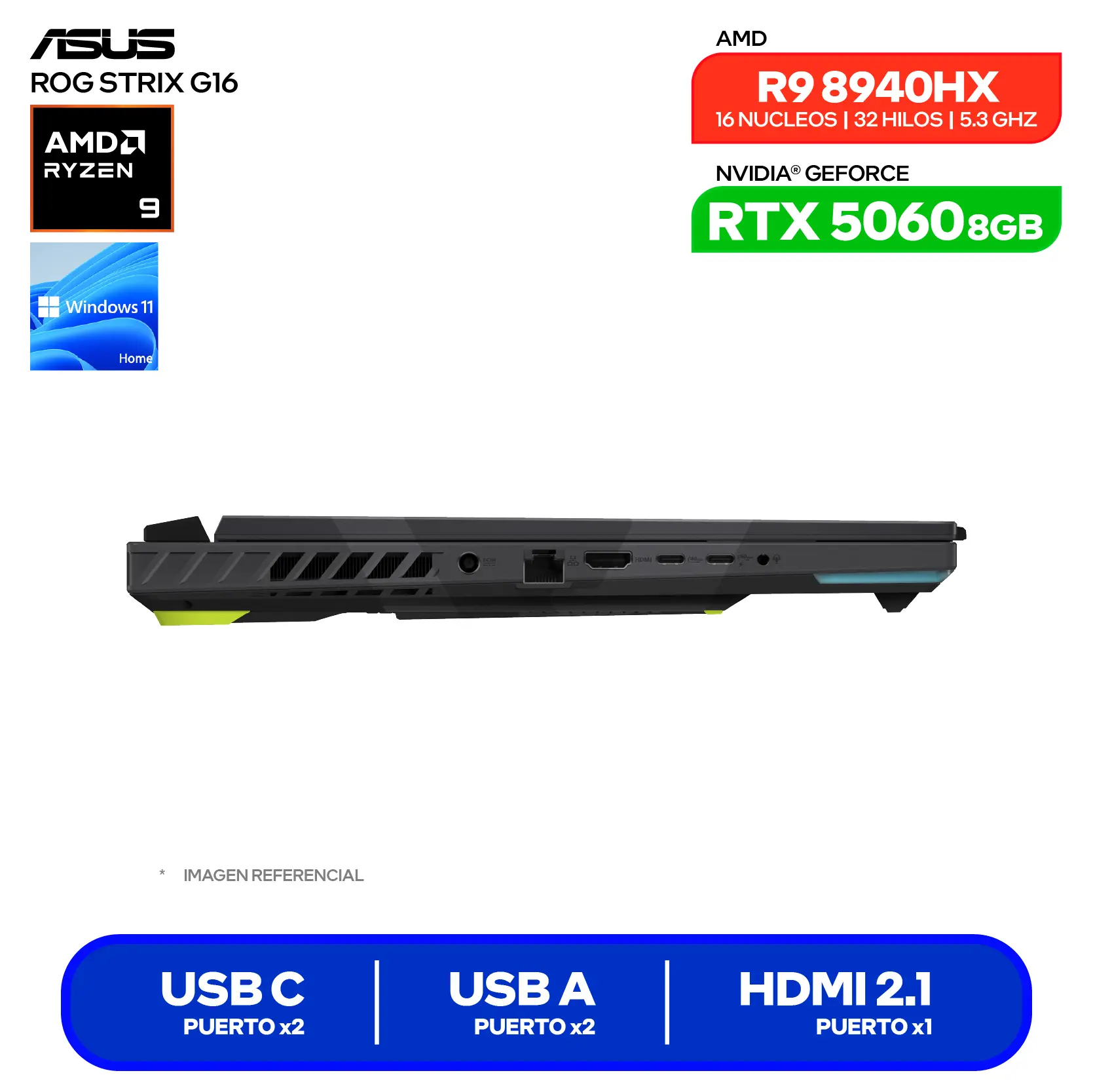 Laptop Asus Rog Strix G16 G614PM-RV221W (90NR0KW8-M00B80) AMD Ryzen 9 8940HX, GeForce RTX 5060 8GB, RAM 16GB, SSD 512GB, 16'' FHD, Windows 11 Home