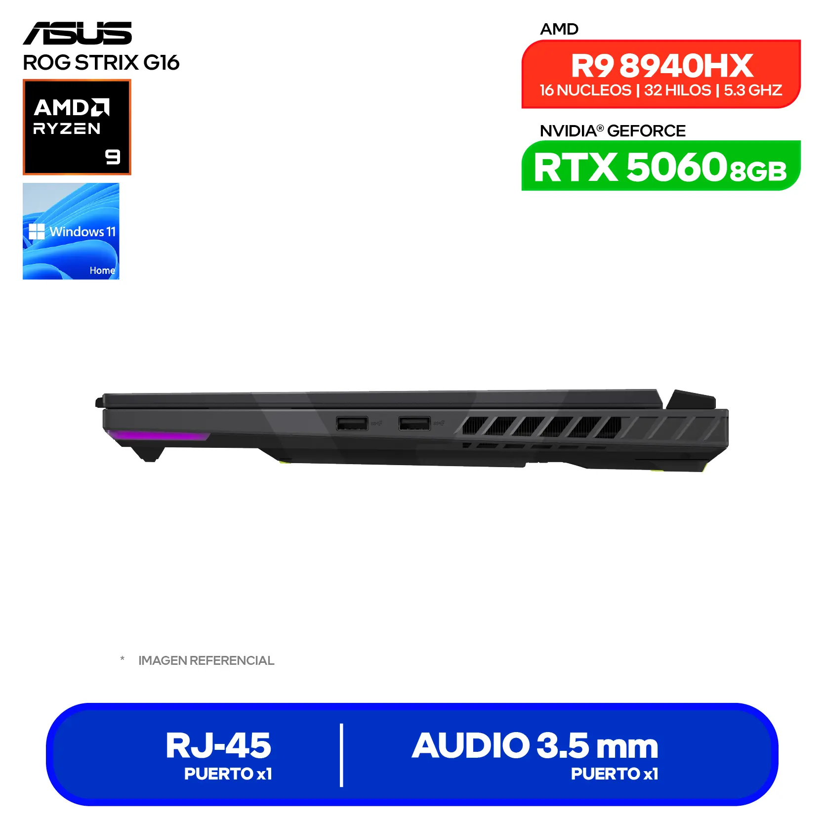 Laptop Asus Rog Strix G16 G614PM-RV221W (90NR0KW8-M00B80) AMD Ryzen 9 8940HX, GeForce RTX 5060 8GB, RAM 16GB, SSD 512GB, 16'' FHD, Windows 11 Home