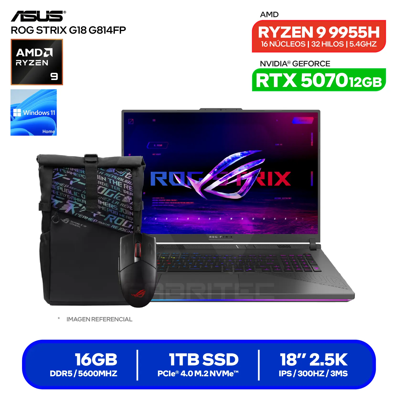 Laptop Asus ROG Strix G18 G814FP-TT098W (90NR0L58-M00510) AMD Ryzen 9 9955HX, GeForce RTX 3070 12GB, RAM 8GB, SSD 1TB, 18'' 2.5K, Windows 11 Home