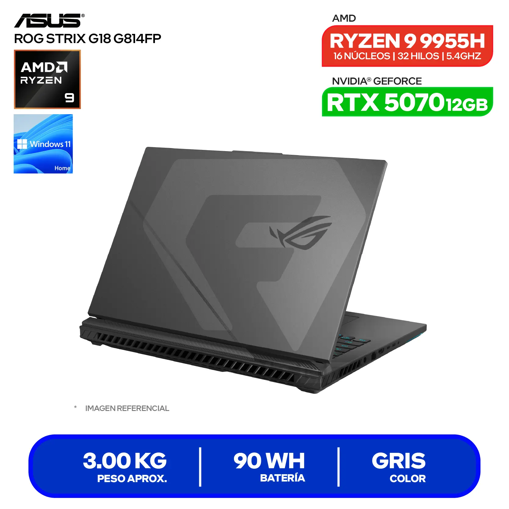 Laptop Asus ROG Strix G18 G814FP-TT098W (90NR0L58-M00510) AMD Ryzen 9 9955HX, GeForce RTX 3070 12GB, RAM 8GB, SSD 1TB, 18'' 2.5K, Windows 11 Home