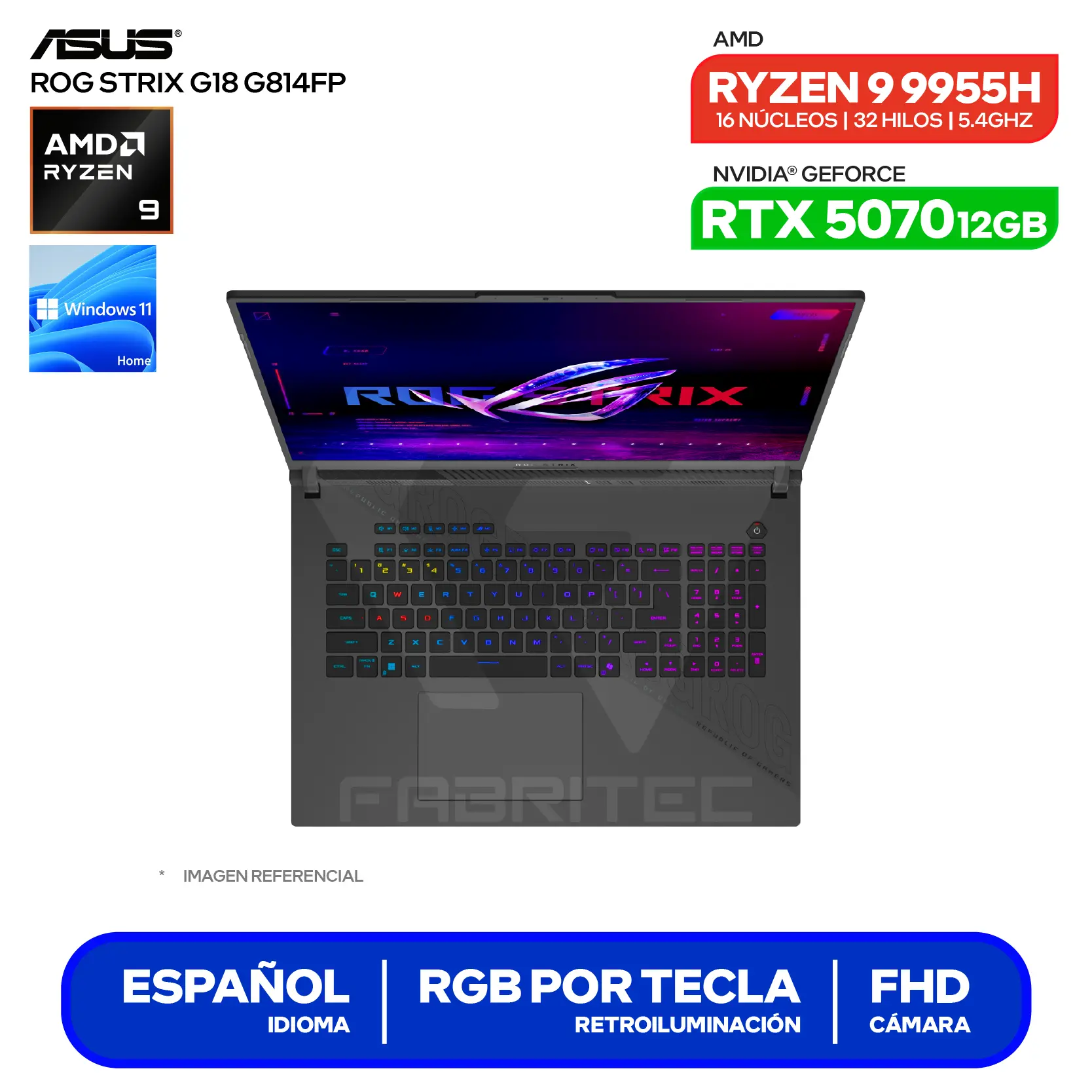 Laptop Asus ROG Strix G18 G814FP-TT098W (90NR0L58-M00510) AMD Ryzen 9 9955HX, GeForce RTX 3070 12GB, RAM 8GB, SSD 1TB, 18'' 2.5K, Windows 11 Home