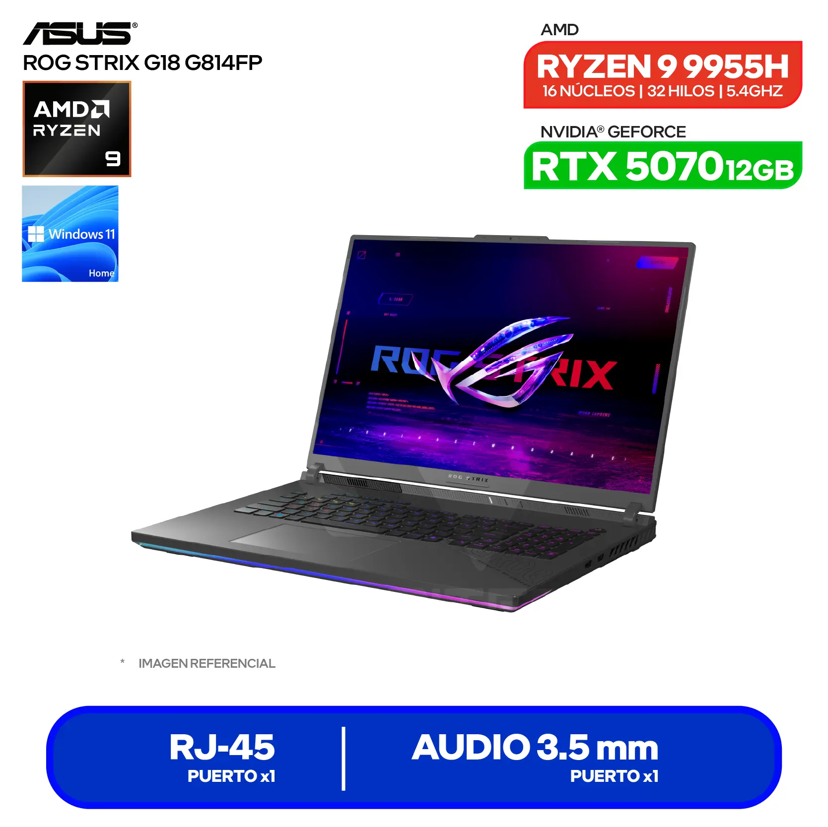 Laptop Asus ROG Strix G18 G814FP-TT098W (90NR0L58-M00510) AMD Ryzen 9 9955HX, GeForce RTX 3070 12GB, RAM 8GB, SSD 1TB, 18'' 2.5K, Windows 11 Home