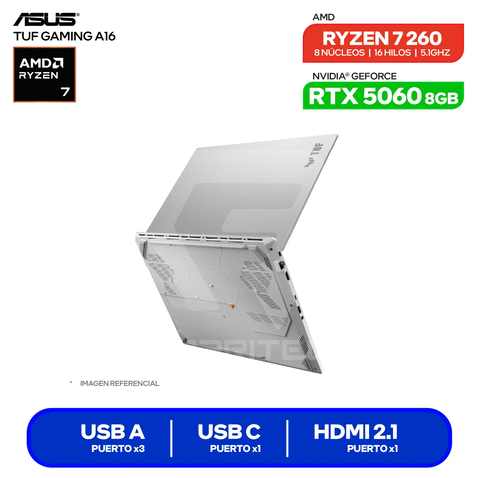 Laptop Asus TUF Gaming A16 FA608UMI-TU255 (90NR0KV6-M00J90) AMD Ryzen 7 260, GeForce RTX 5060 8GB, RAM 16GB, SSD 512GB, 16'' FHD, FreeDos