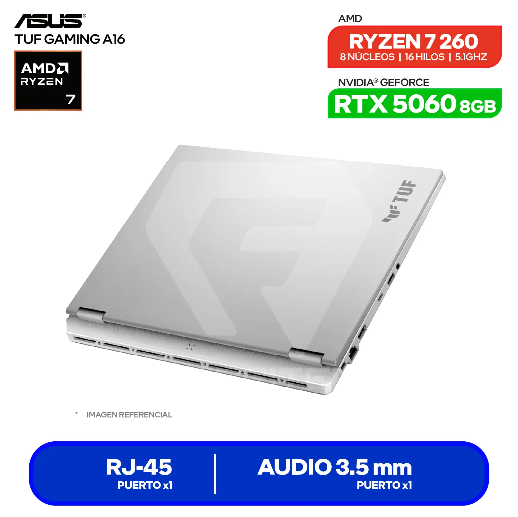 Laptop Asus TUF Gaming A16 FA608UMI-TU255 (90NR0KV6-M00J90) AMD Ryzen 7 260, GeForce RTX 5060 8GB, RAM 16GB, SSD 512GB, 16'' FHD, FreeDos