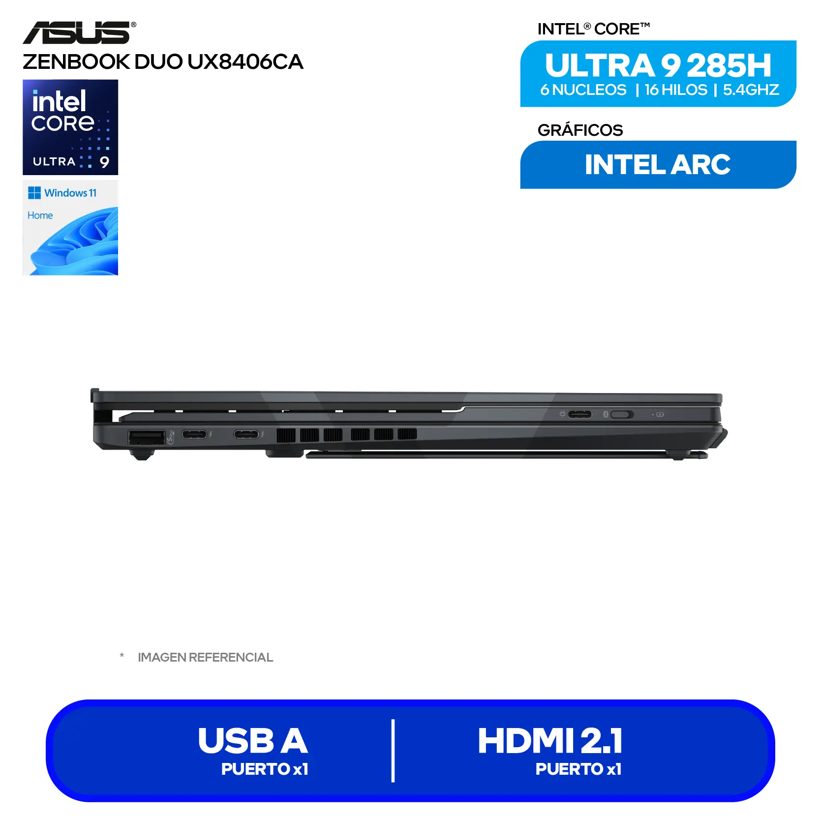 Laptop Asus Zenbook Duo UX8406CA-QL444W (90NB14X1-M00TL0) Intel Core Ultra 9-285H, RAM 16GB, SSD 512GB, 14'' FHD OLED Táctil, Windows 11 Home