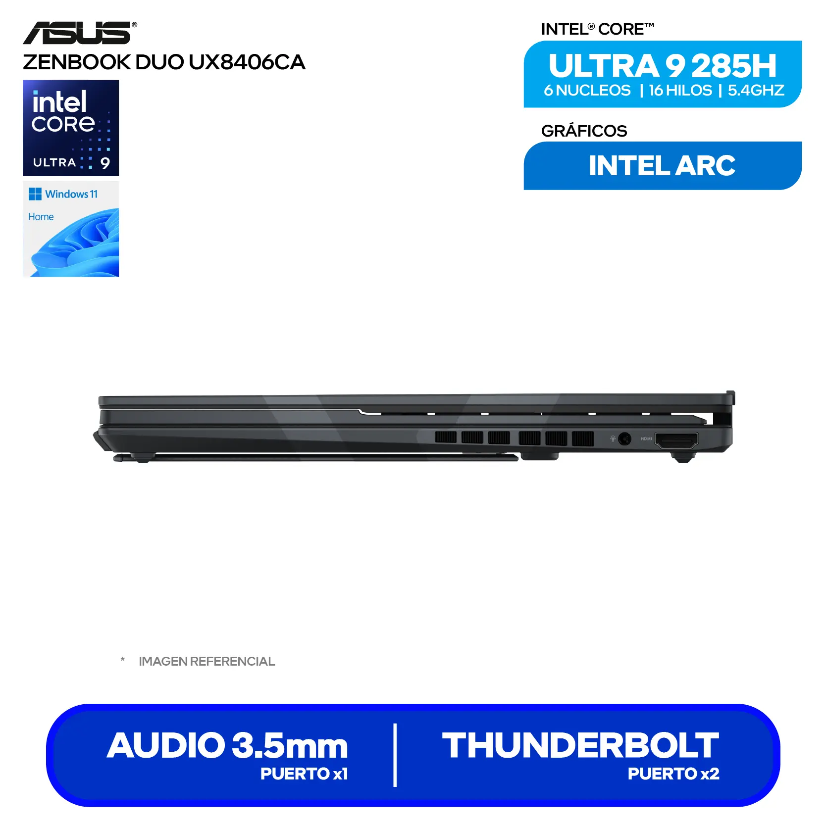 Laptop Asus Zenbook Duo UX8406CA-QL444W (90NB14X1-M00TL0) Intel Core Ultra 9-285H, RAM 16GB, SSD 512GB, 14'' FHD OLED Táctil, Windows 11 Home