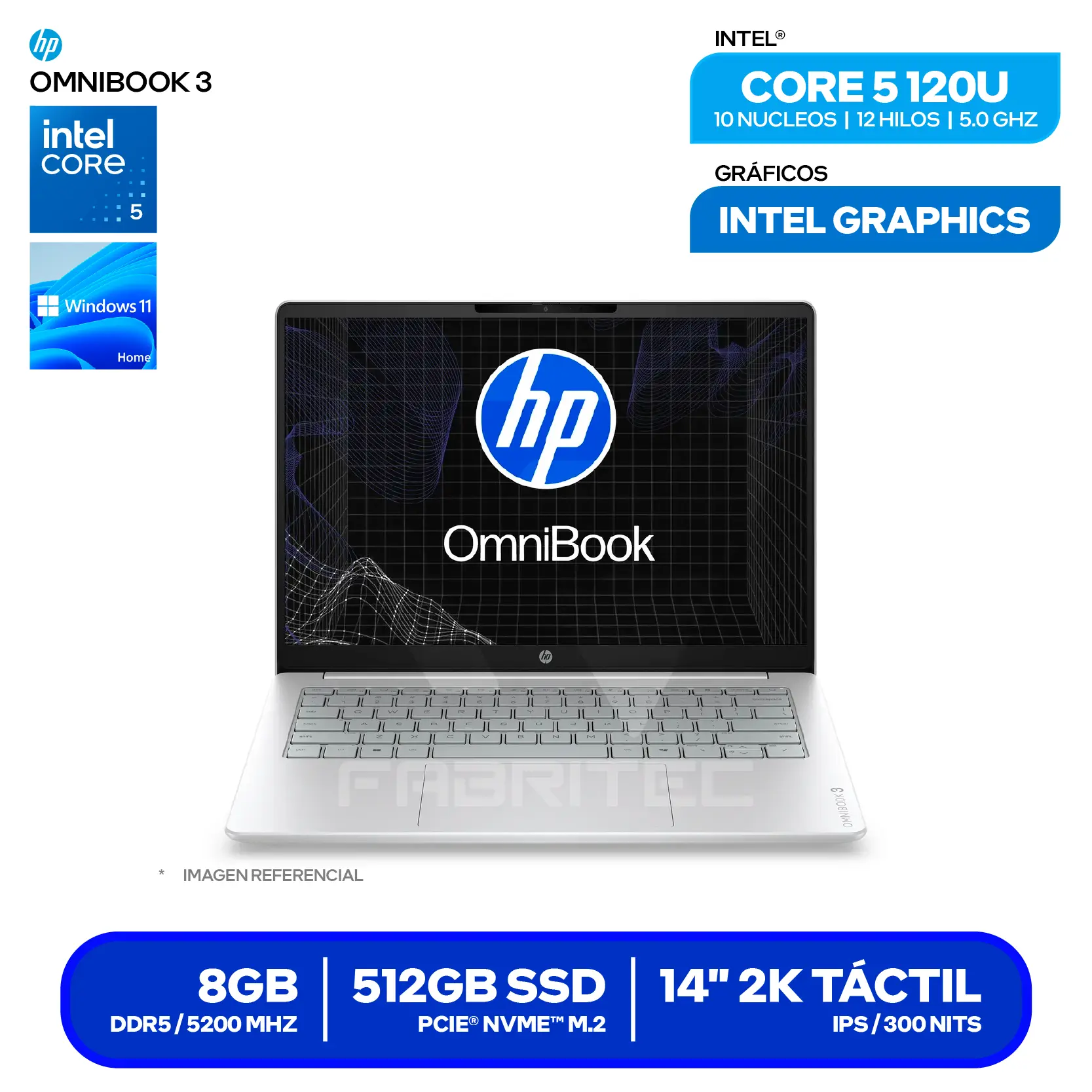 Laptop HP OmniBook 3 14-HU0052LA (D70RTLA#ABM) Intel Core 5-120U, RAM 8GB, SSD 512GB, 14'' FHD+ Táctil, Windows 11 Home