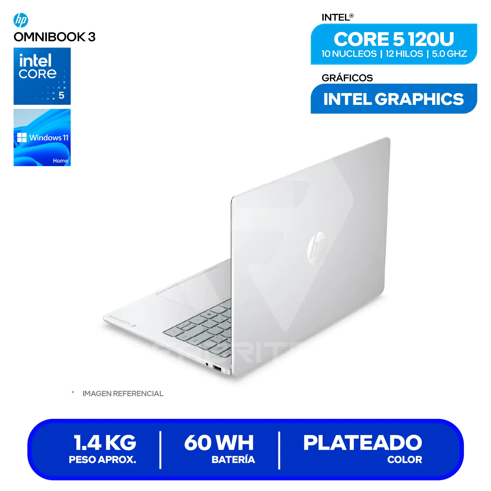 Laptop HP OmniBook 3 14-HU0052LA (D70RTLA#ABM) Intel Core 5-120U, RAM 8GB, SSD 512GB, 14'' FHD+ Táctil, Windows 11 Home
