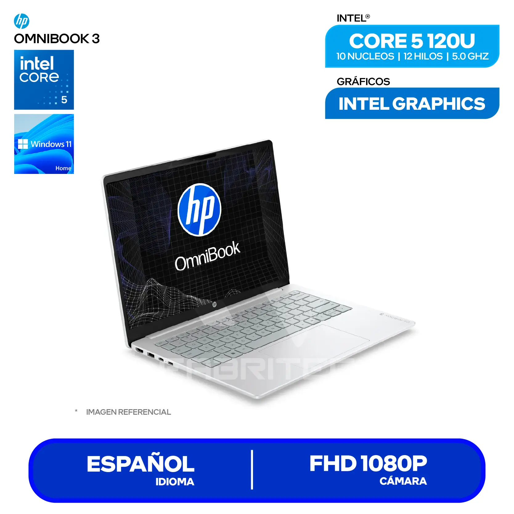 Laptop HP OmniBook 3 14-HU0052LA (D70RTLA#ABM) Intel Core 5-120U, RAM 8GB, SSD 512GB, 14'' FHD+ Táctil, Windows 11 Home