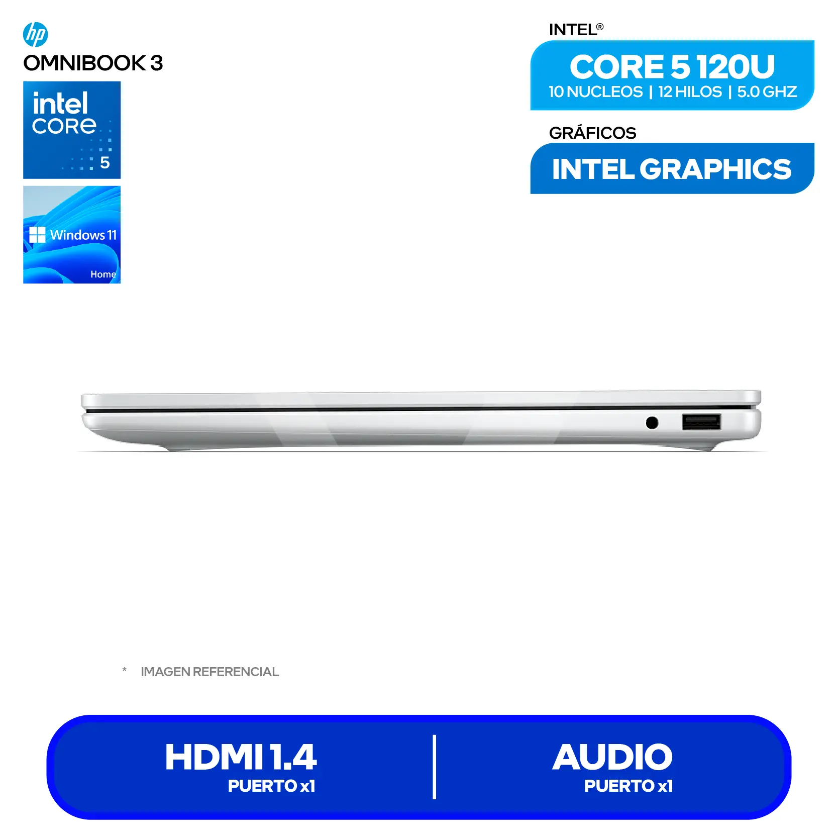 Laptop HP OmniBook 3 14-HU0052LA (D70RTLA#ABM) Intel Core 5-120U, RAM 8GB, SSD 512GB, 14'' FHD+ Táctil, Windows 11 Home