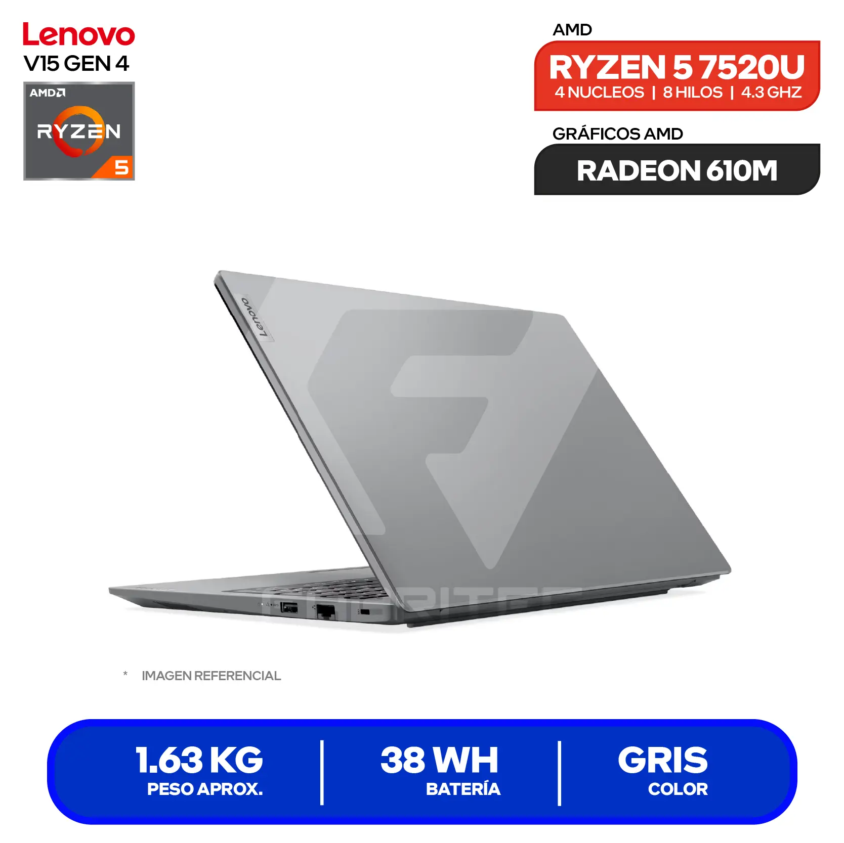 Laptop Lenovo V15 G4 AMN (82YU00X6LM) AMD Ryzen 5 7520U, RAM 8GB, SSD 256GB, 15.6'' FHD, FreeDos