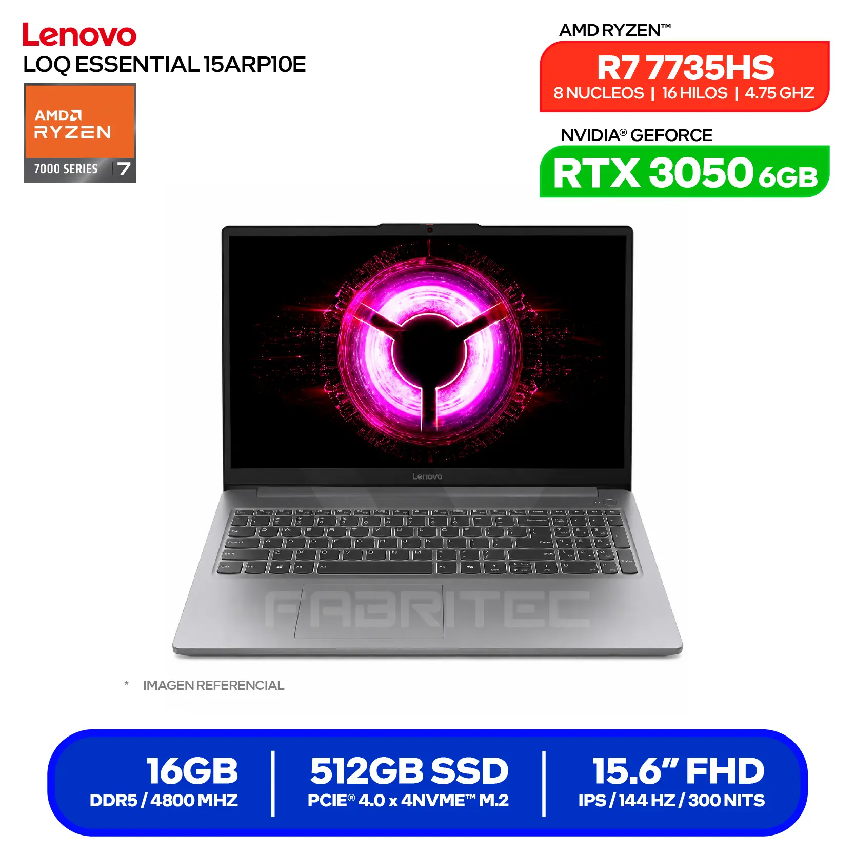 Laptop Lenovo LOQ Essential 15ARP10E (83S0004HLM) AMD Ryzen 7 7735HS, GeForce RTX 3050 6GB, RAM 16GB, SSD 512GB, 15.6'' FHD, FreeDos