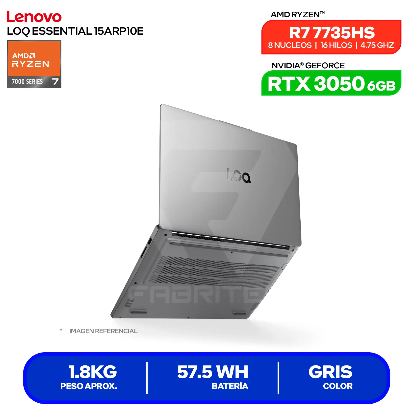 Laptop Lenovo LOQ Essential 15ARP10E (83S0004HLM) AMD Ryzen 7 7735HS, GeForce RTX 3050 6GB, RAM 16GB, SSD 512GB, 15.6'' FHD, FreeDos