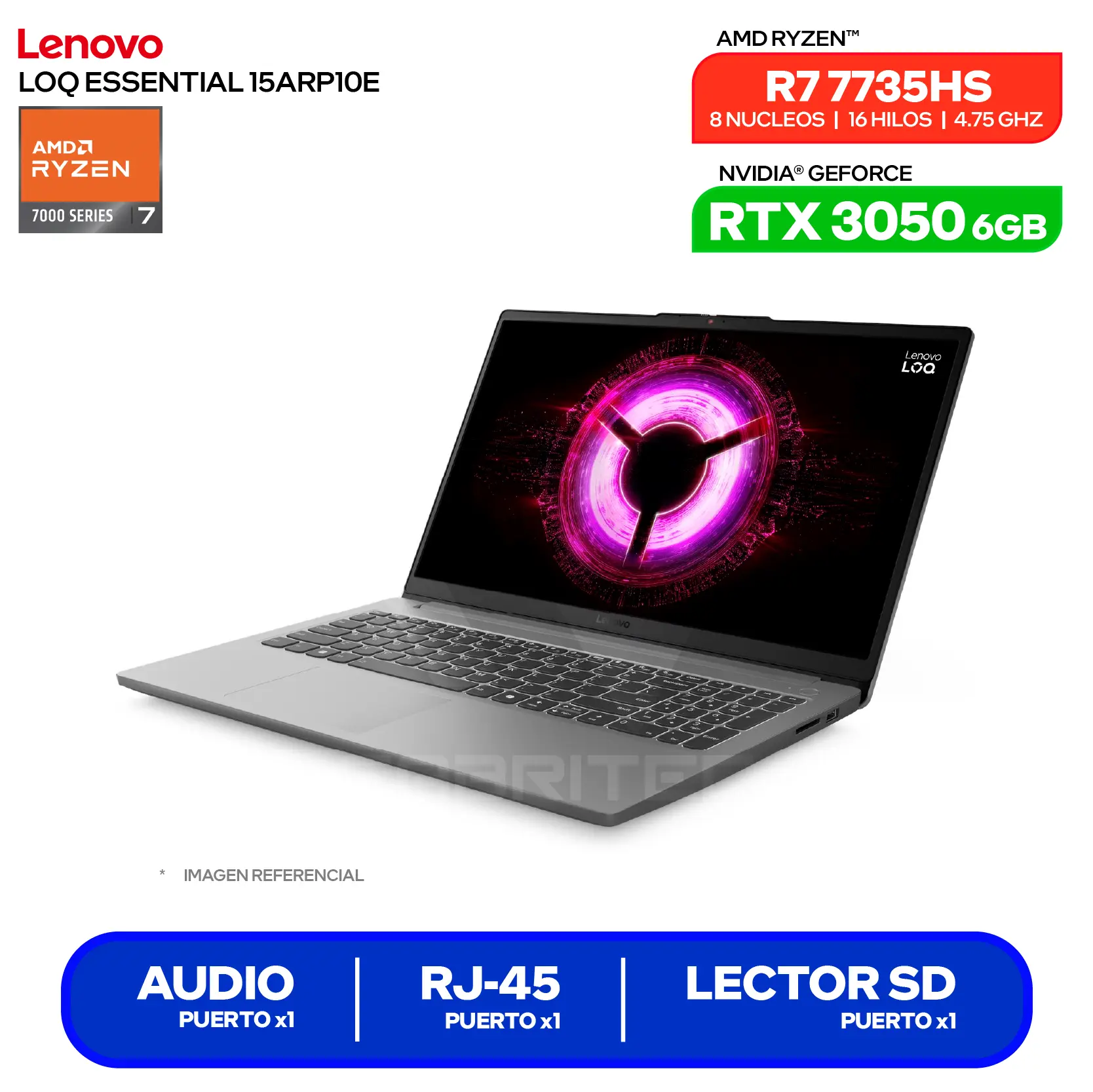 Laptop Lenovo LOQ Essential 15ARP10E (83S0004HLM) AMD Ryzen 7 7735HS, GeForce RTX 3050 6GB, RAM 16GB, SSD 512GB, 15.6'' FHD, FreeDos
