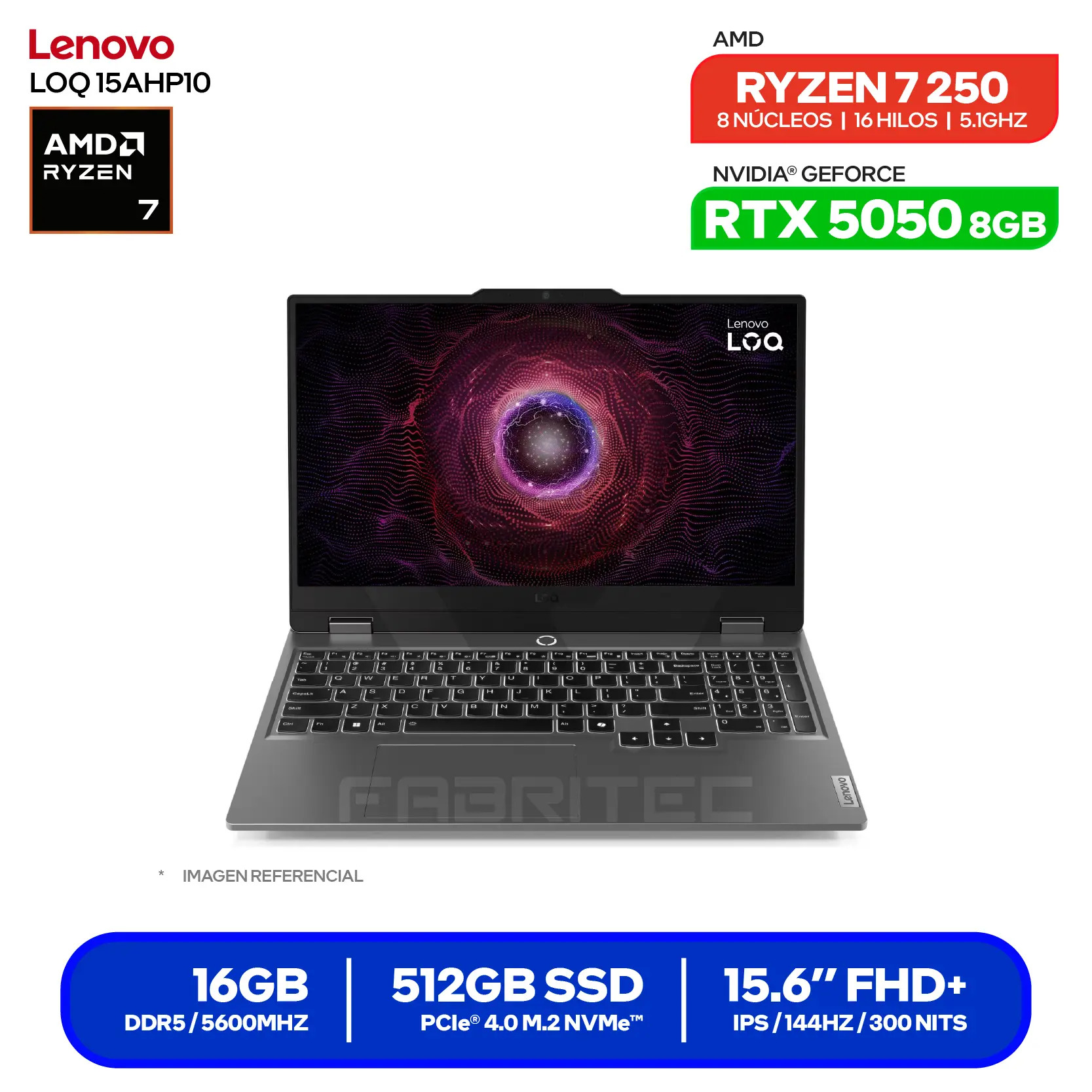 Laptop Lenovo LOQ 15AHP10 (83JG007VLM) AMD Ryzen 7 250, GeForce RTX 5050 8GB, RAM 16GB, SSD 512GB, 15.6'' FHD, FreeDos