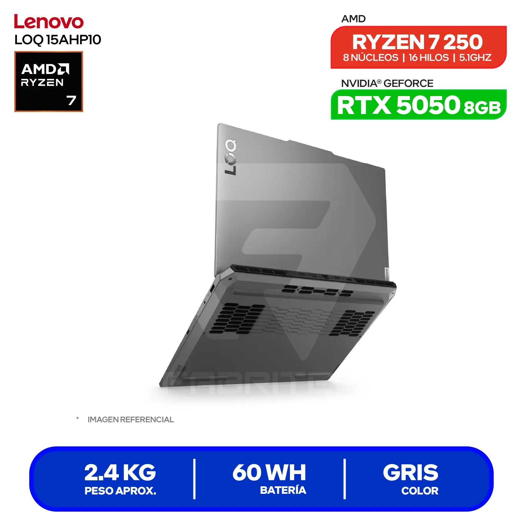 Laptop Lenovo LOQ 15AHP10 (83JG007VLM) AMD Ryzen 7 250, GeForce RTX 5050 8GB, RAM 16GB, SSD 512GB, 15.6'' FHD, FreeDos