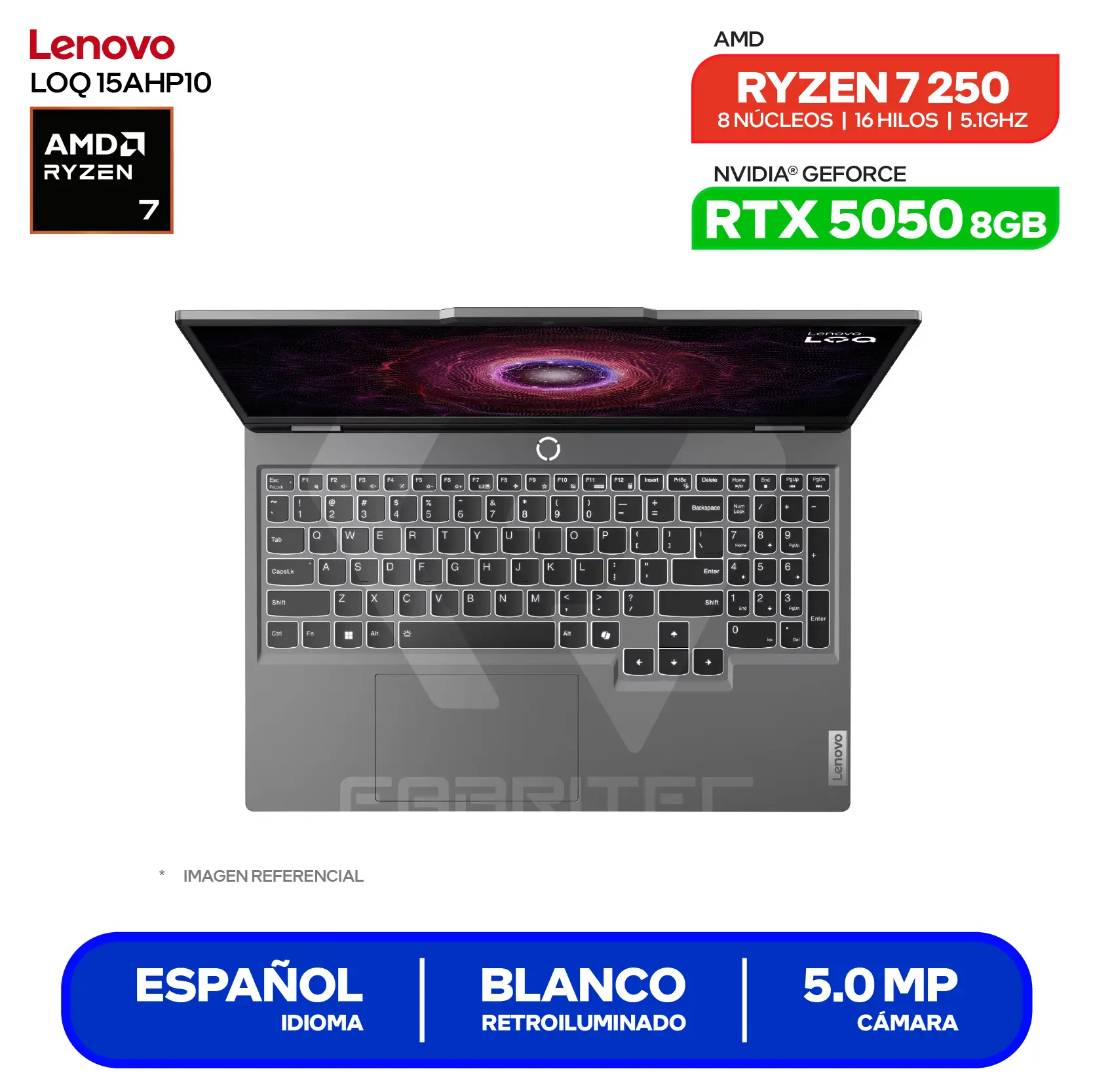 Laptop Lenovo LOQ 15AHP10 (83JG007VLM) AMD Ryzen 7 250, GeForce RTX 5050 8GB, RAM 16GB, SSD 512GB, 15.6'' FHD, FreeDos