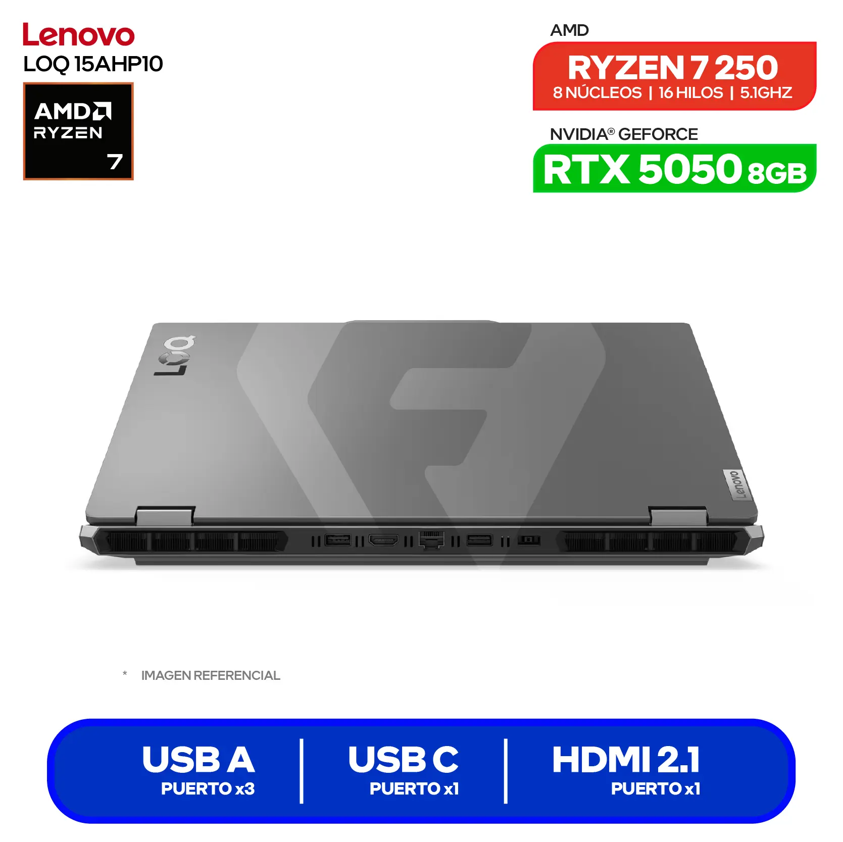 Laptop Lenovo LOQ 15AHP10 (83JG007VLM) AMD Ryzen 7 250, GeForce RTX 5050 8GB, RAM 16GB, SSD 512GB, 15.6'' FHD, FreeDos