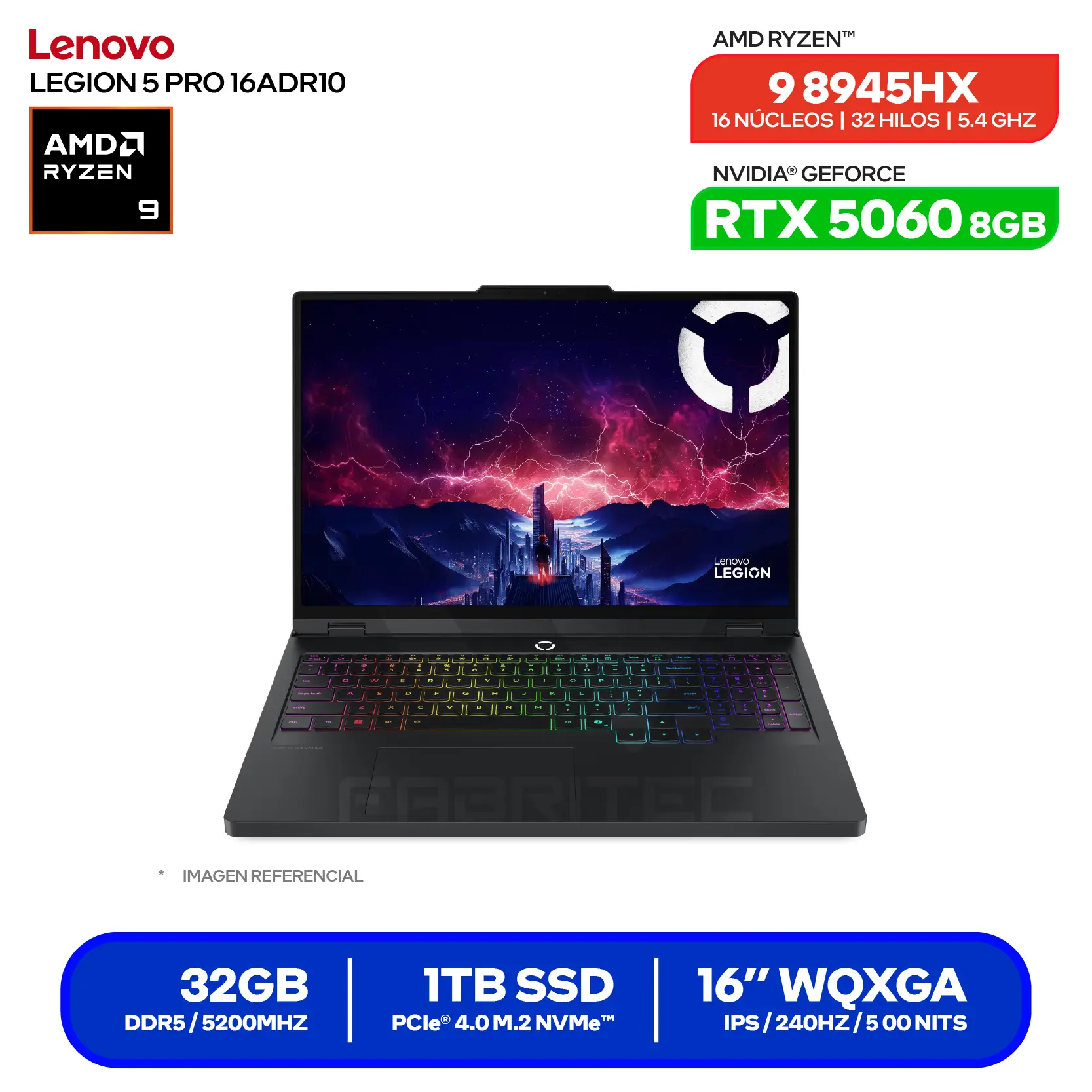 Laptop Lenovo Legion 5 Pro 16ADR1 (83LT002MLM) Ryzen 9 8945HX, GeForce RTX 5060 8GB, RAM 32GB, SSD 1TB, 16'' WUXGA, FreeDos