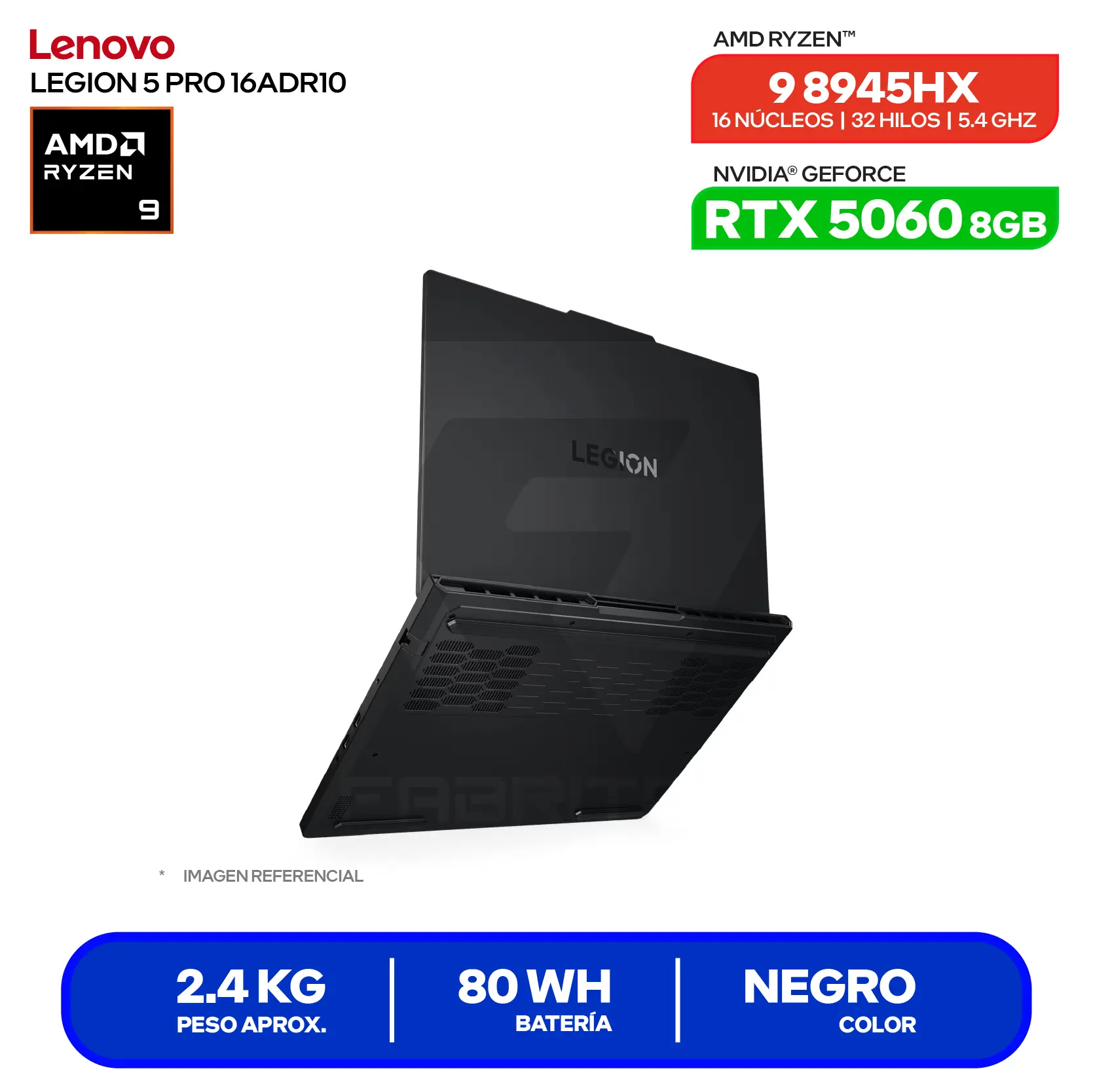 Laptop Lenovo Legion 5 Pro 16ADR1 (83LT002MLM) Ryzen 9 8945HX, GeForce RTX 5060 8GB, RAM 32GB, SSD 1TB, 16'' WUXGA, FreeDos