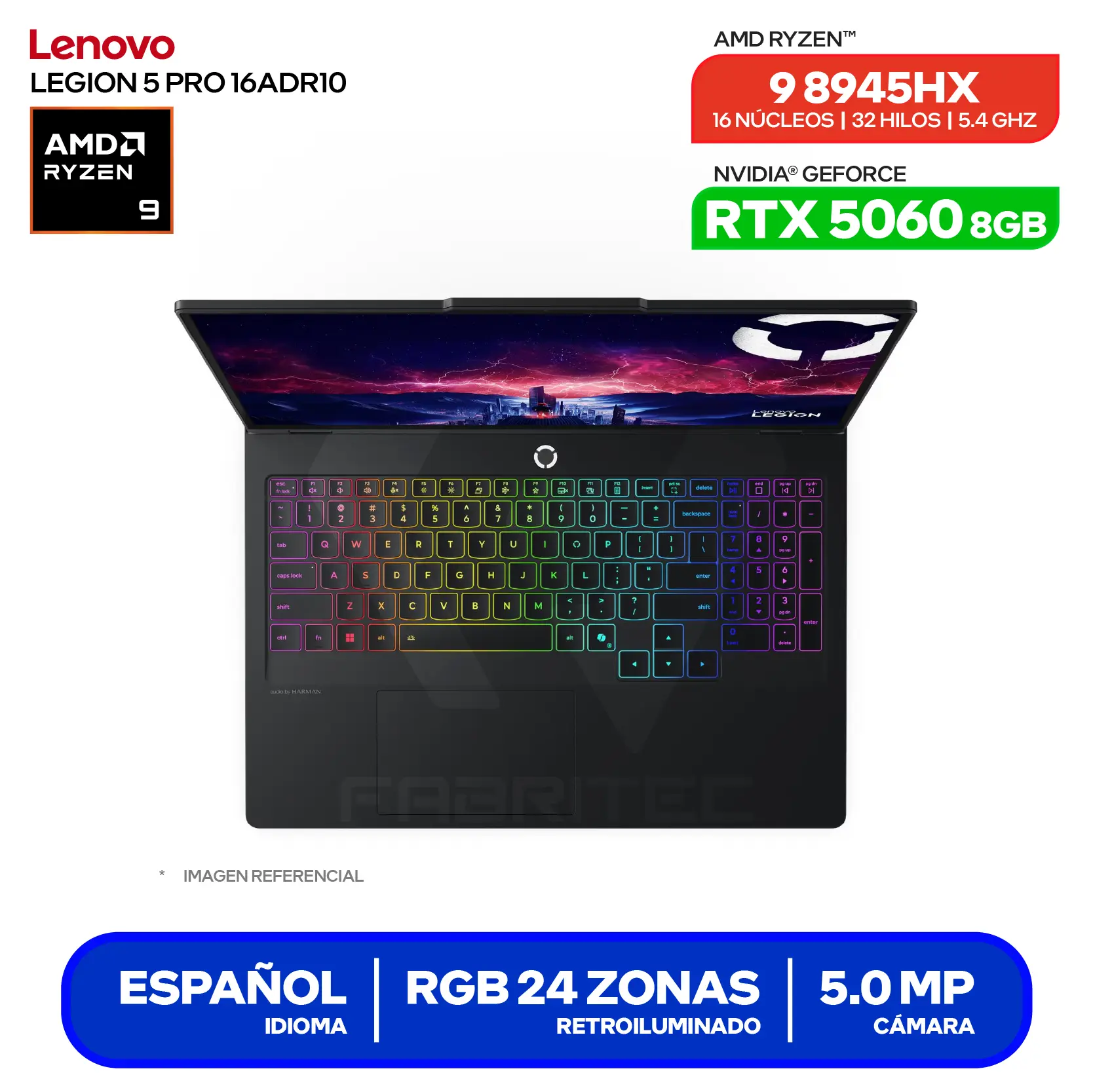 Laptop Lenovo Legion 5 Pro 16ADR1 (83LT002MLM) Ryzen 9 8945HX, GeForce RTX 5060 8GB, RAM 32GB, SSD 1TB, 16'' WUXGA, FreeDos