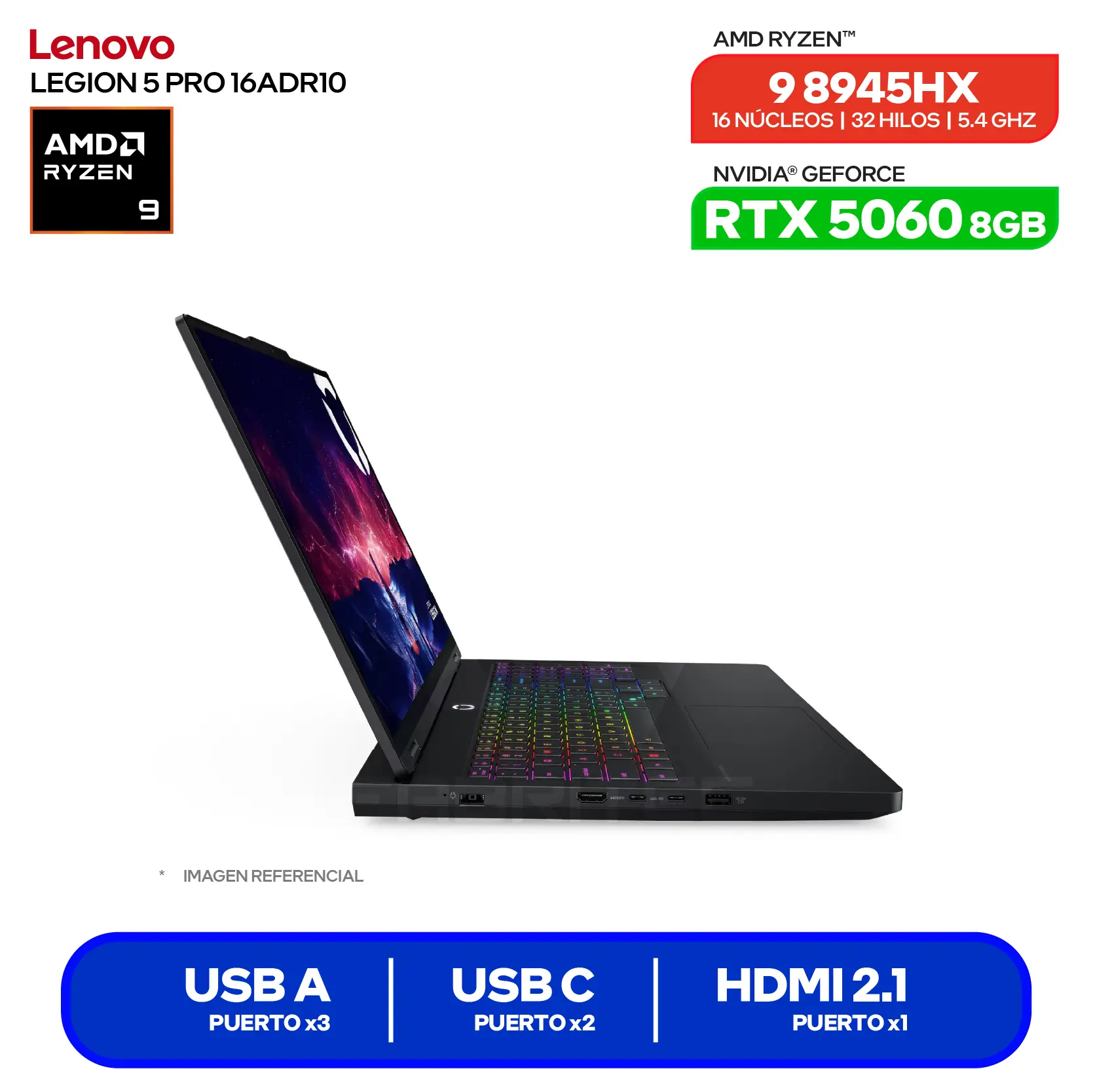 Laptop Lenovo Legion 5 Pro 16ADR1 (83LT002MLM) Ryzen 9 8945HX, GeForce RTX 5060 8GB, RAM 32GB, SSD 1TB, 16'' WUXGA, FreeDos