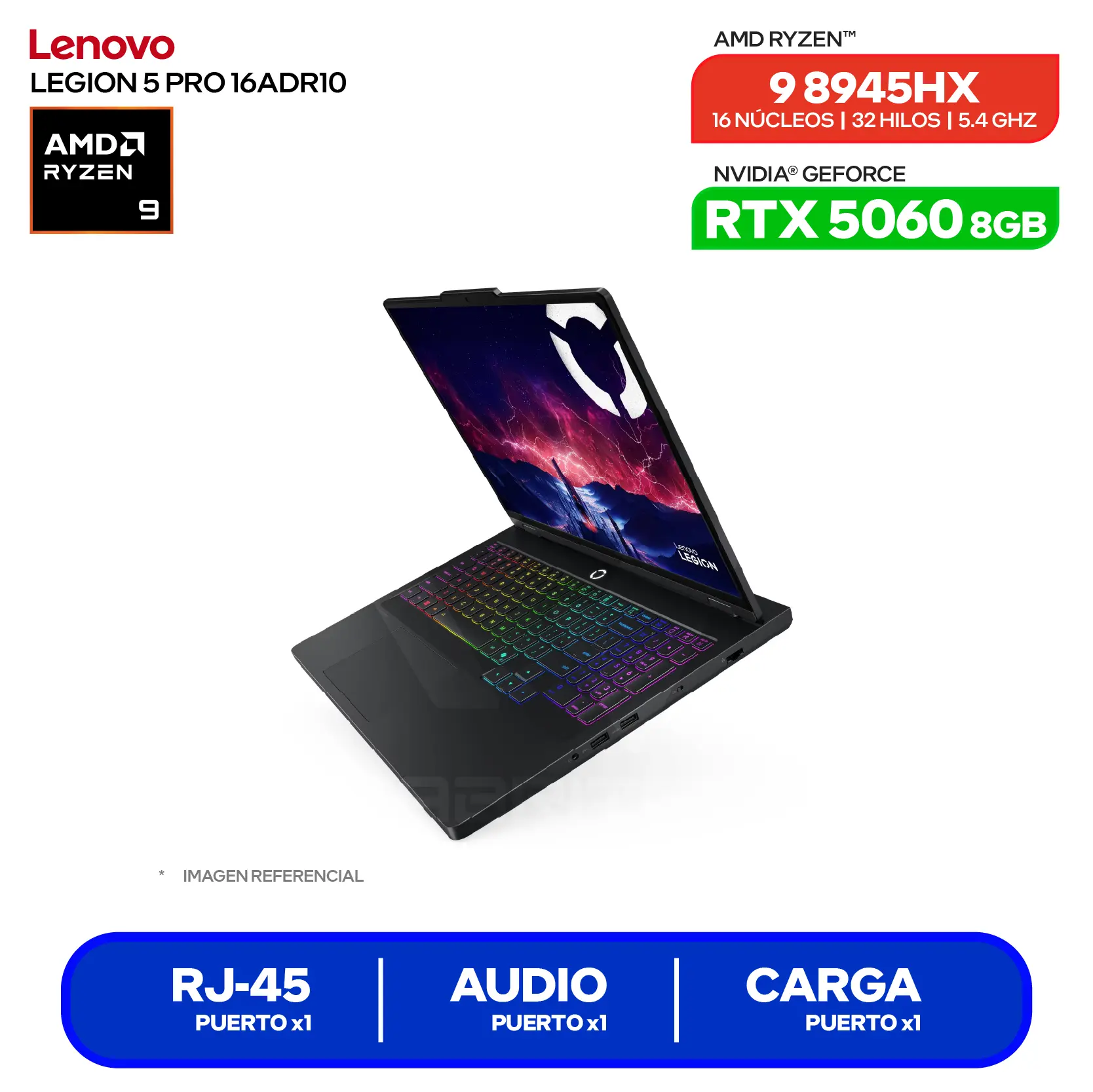 Laptop Lenovo Legion 5 Pro 16ADR1 (83LT002MLM) Ryzen 9 8945HX, GeForce RTX 5060 8GB, RAM 32GB, SSD 1TB, 16'' WUXGA, FreeDos