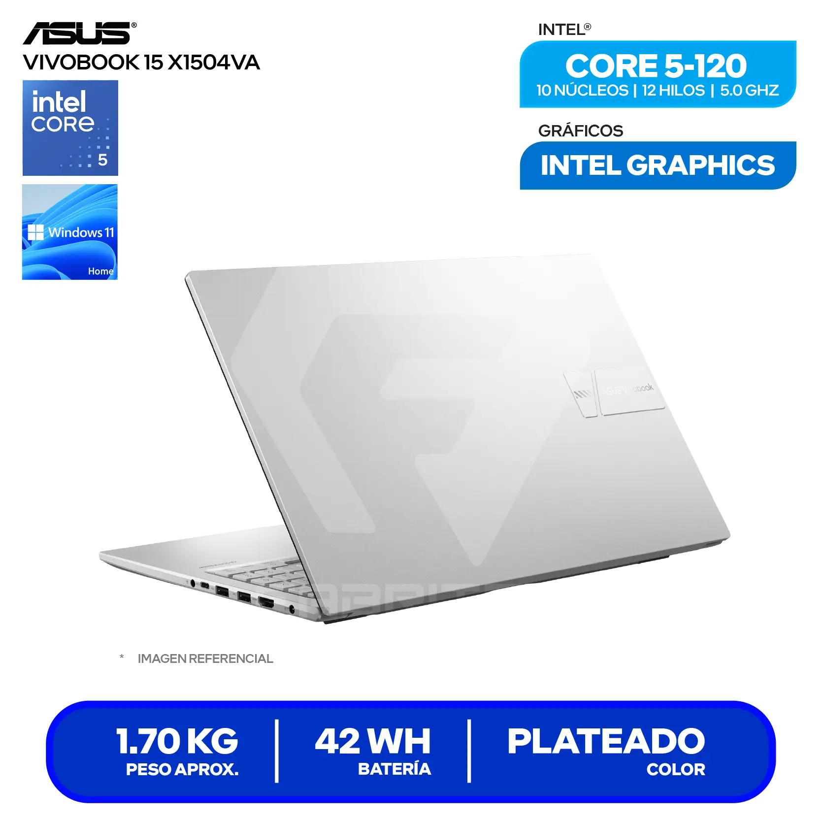 Laptop Asus Vivobook 15 X1504VA-BQ631W (90NB13Y2-M01C10) Intel Core 5-120, RAM 8GB, SSD 512GB, 15.6'' FHD, Windows 11 Home
