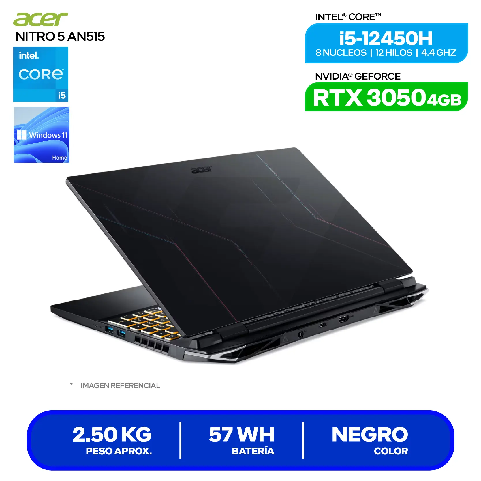 Laptop Acer Nitro AN515-58-57VS (NH.QFHAL.00R) Intel Core i5-12450H, GeForce RTX 3050 4GB, RAM 8GB, SSD 512GB, 15.6'' FHD, Windows 11 Home