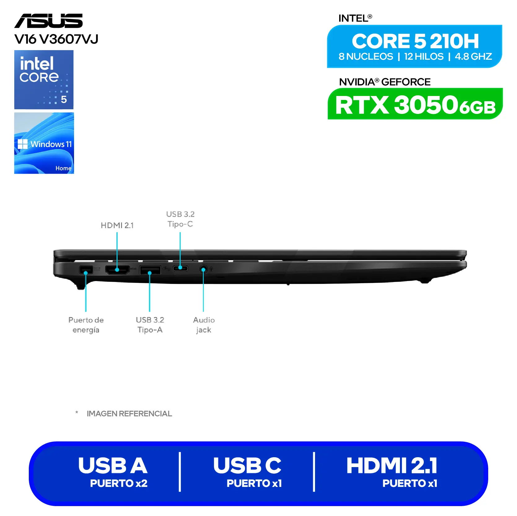 Laptop Asus V16 V3607VJ-RP067W (90NR0LN1-M000N0) Intel Core 5-210H, GeForce RTX 3050 6GB, RAM 8GB, SSD 512GB, 16'' FHD+, Windows 11 Home