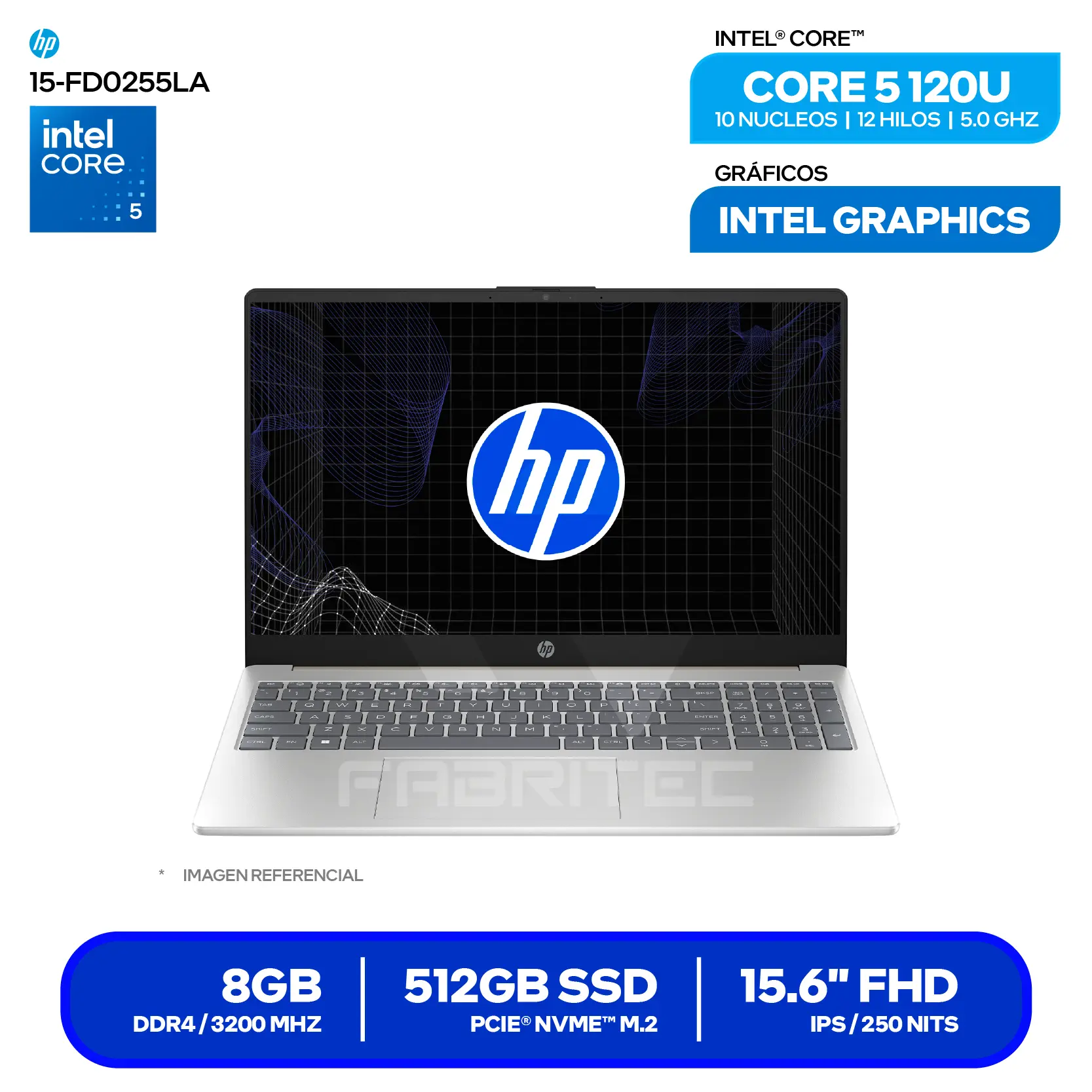 Laptop HP 15-FD0255LA (B9TX3LA#ABM) Intel Core 5-120U, RAM 8GB, SSD 512GB, 15.6'' FHD, FreeDos