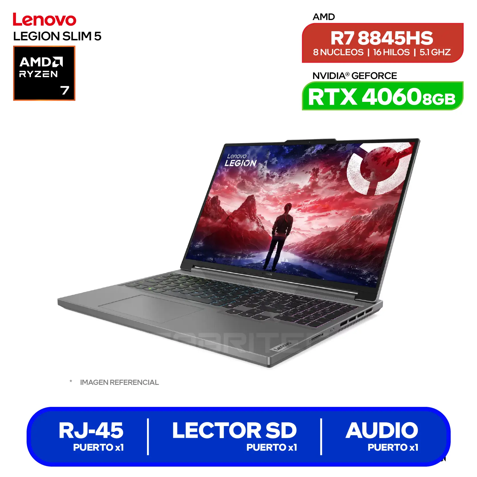Laptop Lenovo Legion Slim 5 16AHP (83DH0086LM) Ryzen 7 8845H, GeForce RTX 4060 8GB, RAM 16GB, SSD 512GB, 16'' WQXGA, FreeDos