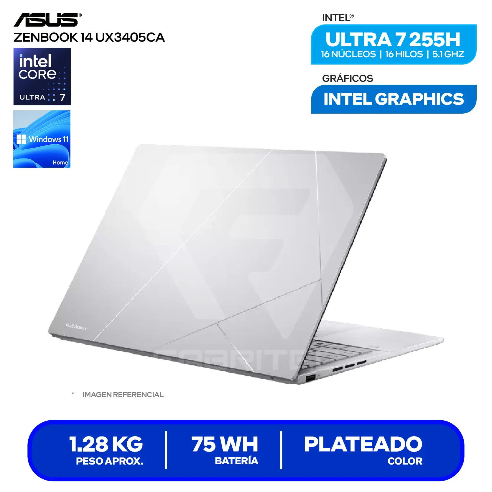 Laptop Asus Zenbook 14 UX3405CA-QL574W (90NB14W4-M00UH0) Intel Core Ultra 7-255H, RAM 16GB, SSD 1TB, 14'' FHD+ Oled Táctil , Windows 11 Home