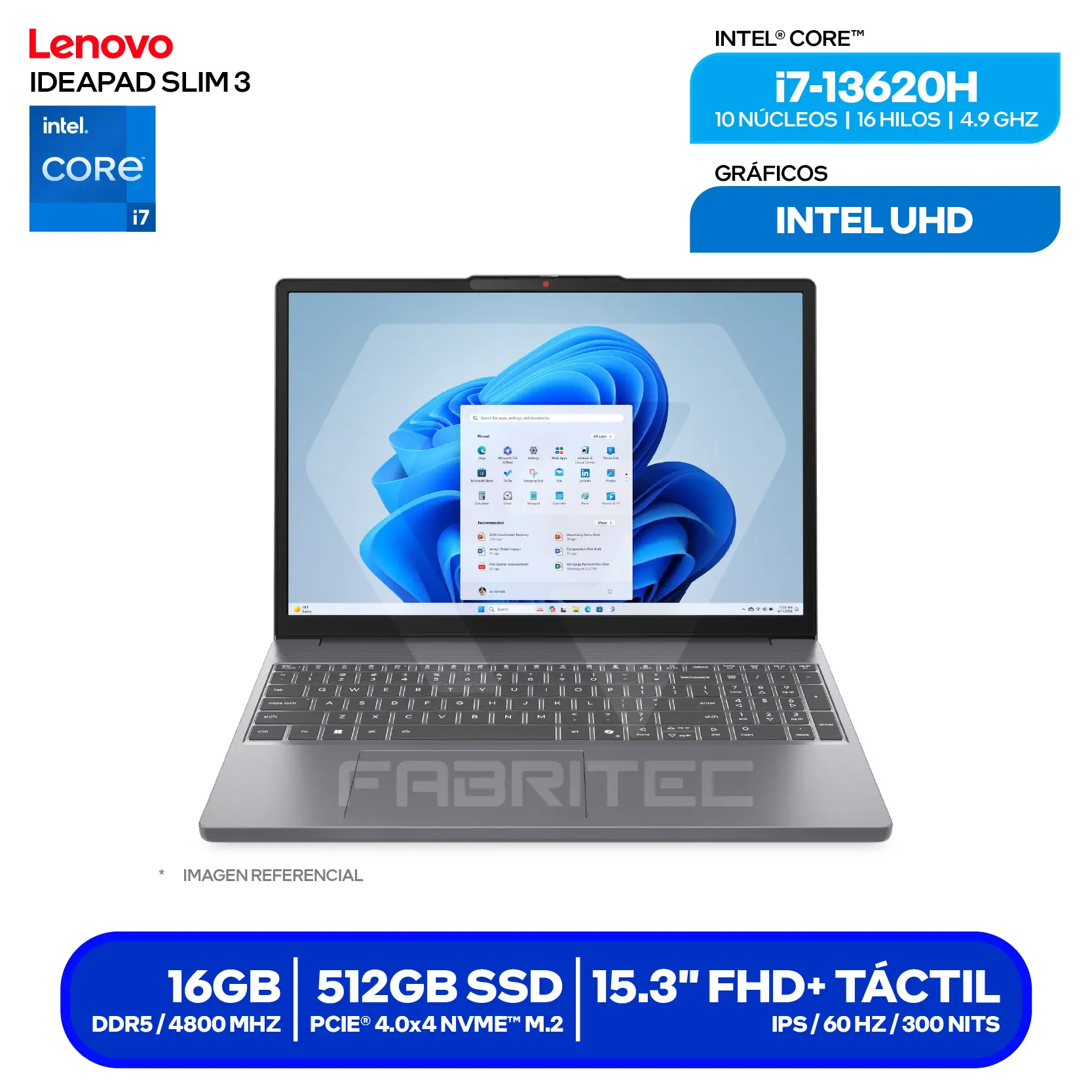 Laptop Lenovo IdeaPad Slim 3 (83K101EVLM) Intel Core i7-13620, RAM 16GB, SSD 512GB, 15.3'' FHD+ Táctil , FreeDos