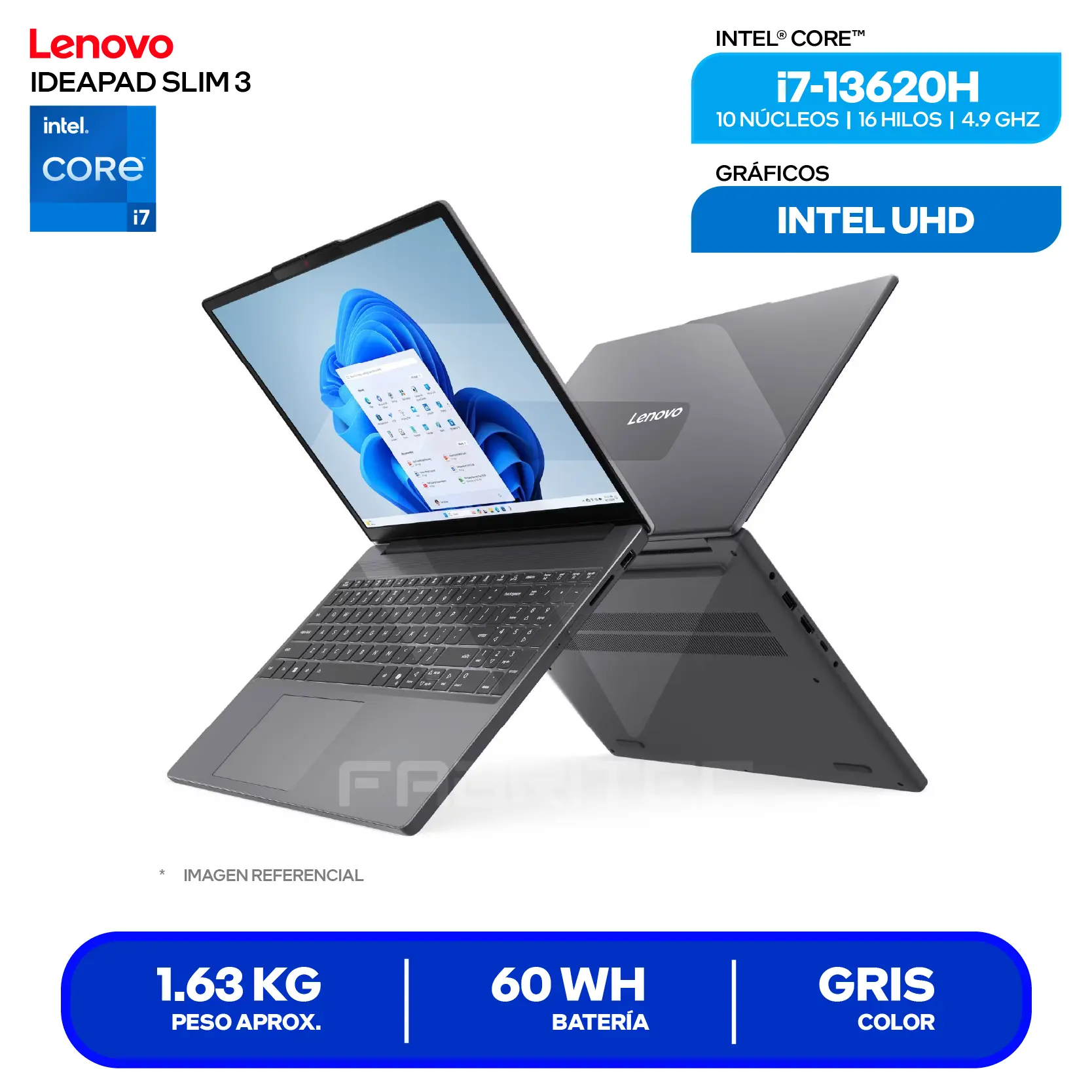 Laptop Lenovo IdeaPad Slim 3 (83K101EVLM) Intel Core i7-13620, RAM 16GB, SSD 512GB, 15.3'' FHD+ Táctil , FreeDos