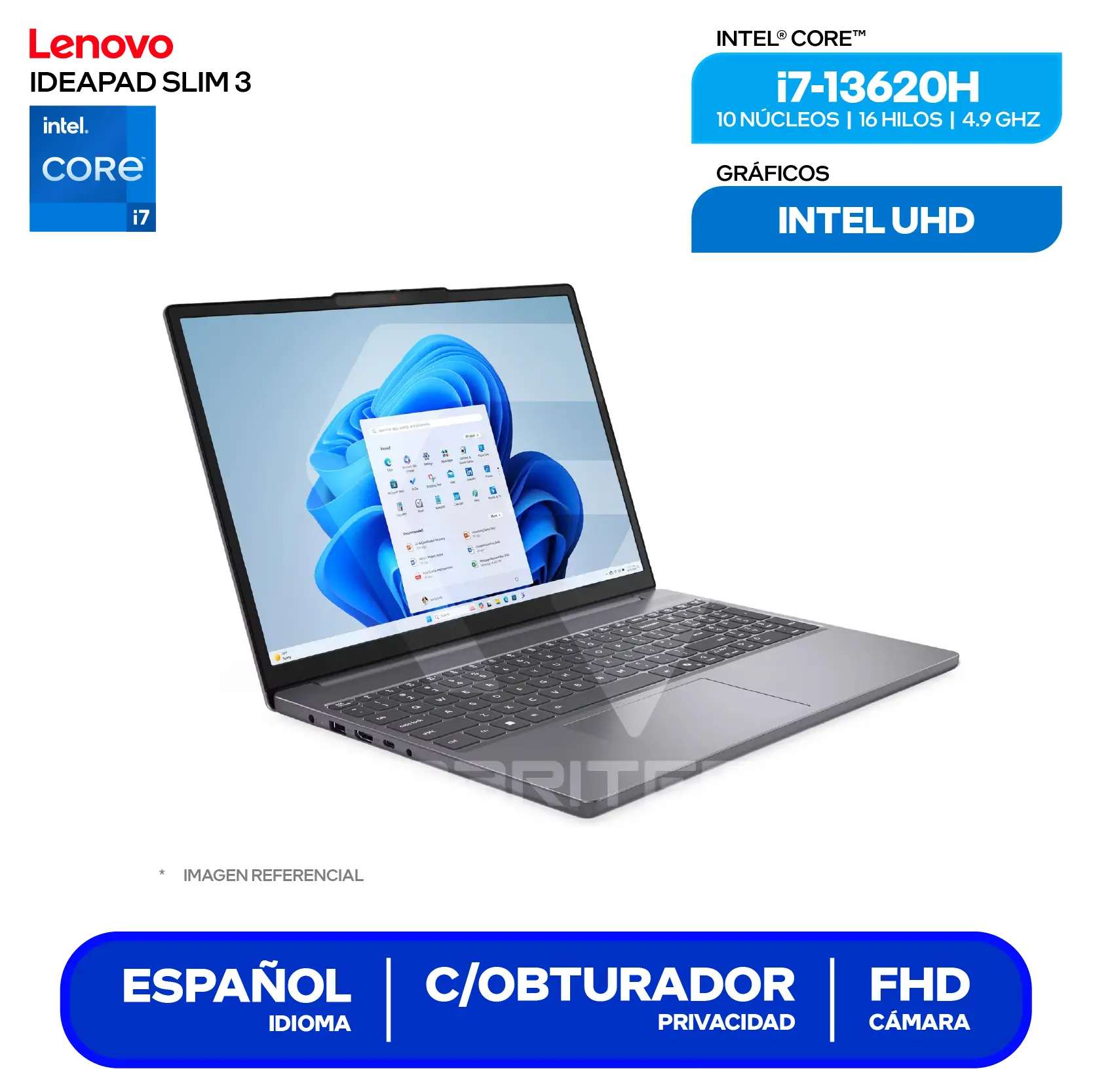 Laptop Lenovo IdeaPad Slim 3 (83K101EVLM) Intel Core i7-13620, RAM 16GB, SSD 512GB, 15.3'' FHD+ Táctil , FreeDos